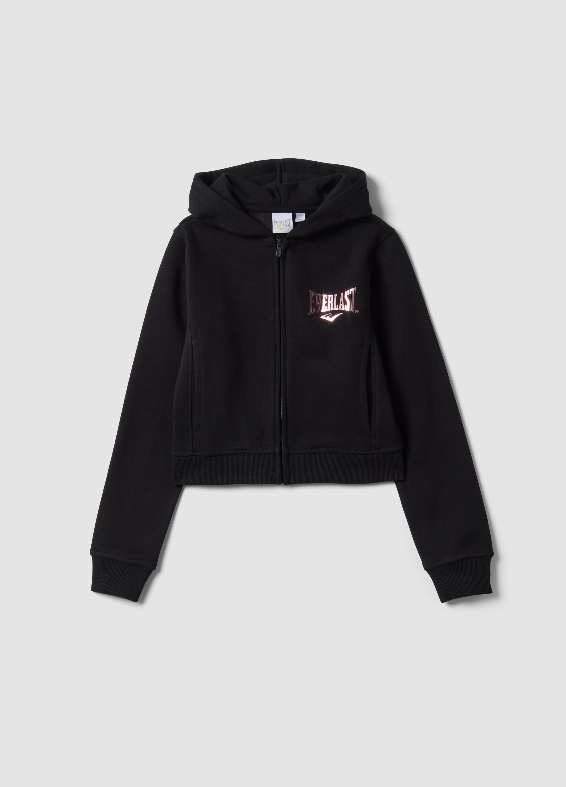 Black cotton-blend hooded zip hoodie for girls, regular fit