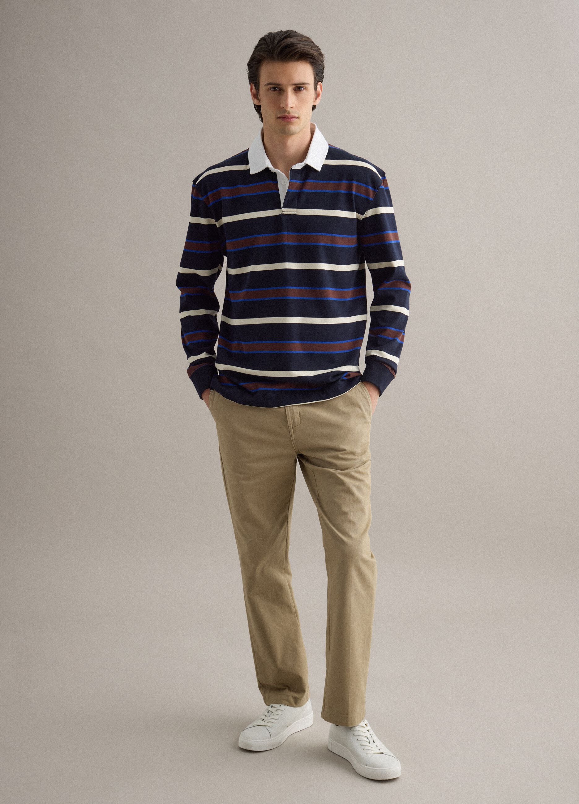 Long sleeve pure cotton polo with multicolour stripes, regular fit