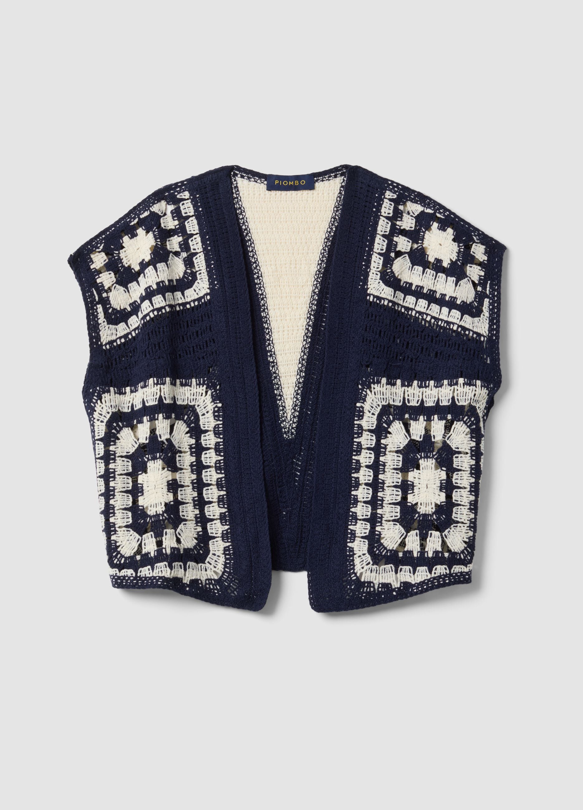 Blue and white regular-fit crochet cotton-blend gilet