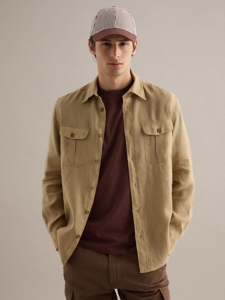 Beige pure linen long-sleeve shirt regular fit_0