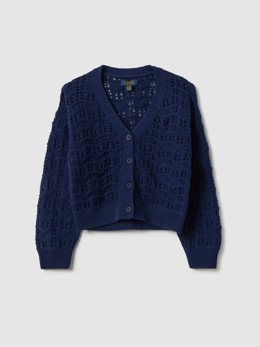 Girls' blue pure cotton cardigan with regular fit knit texture_0