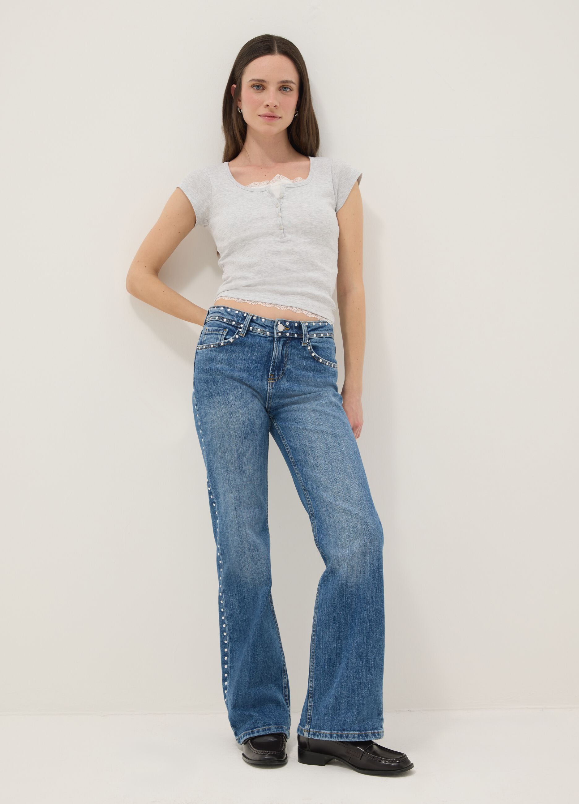 Grey regular fit cotton blend T-shirt with lace detail
