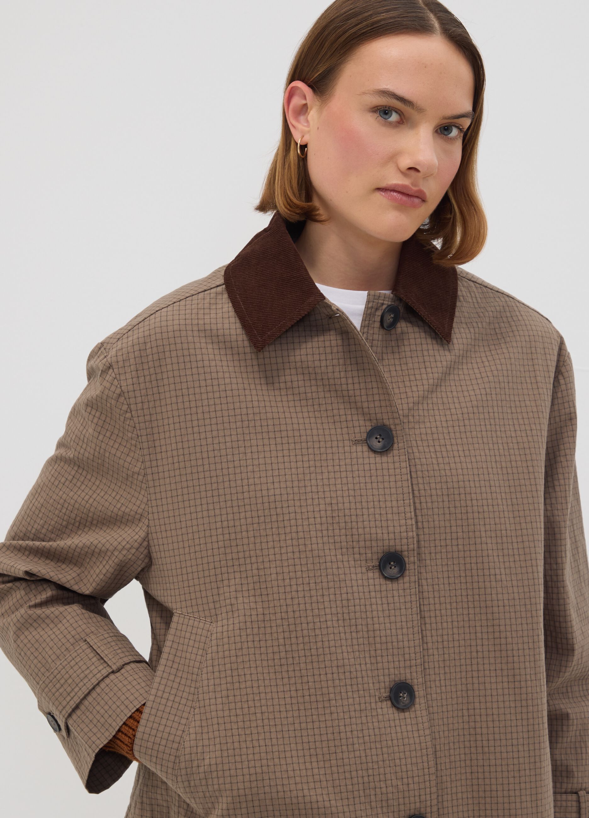 Brown cotton-blend jacket with contrast collar, regular fit