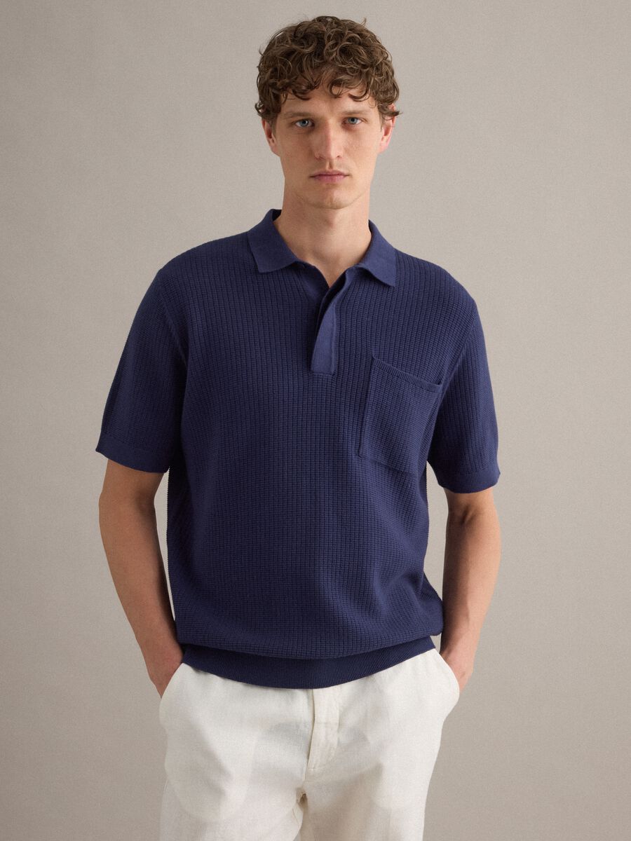 Polo blu in puro cotone con taschino regular fit_1