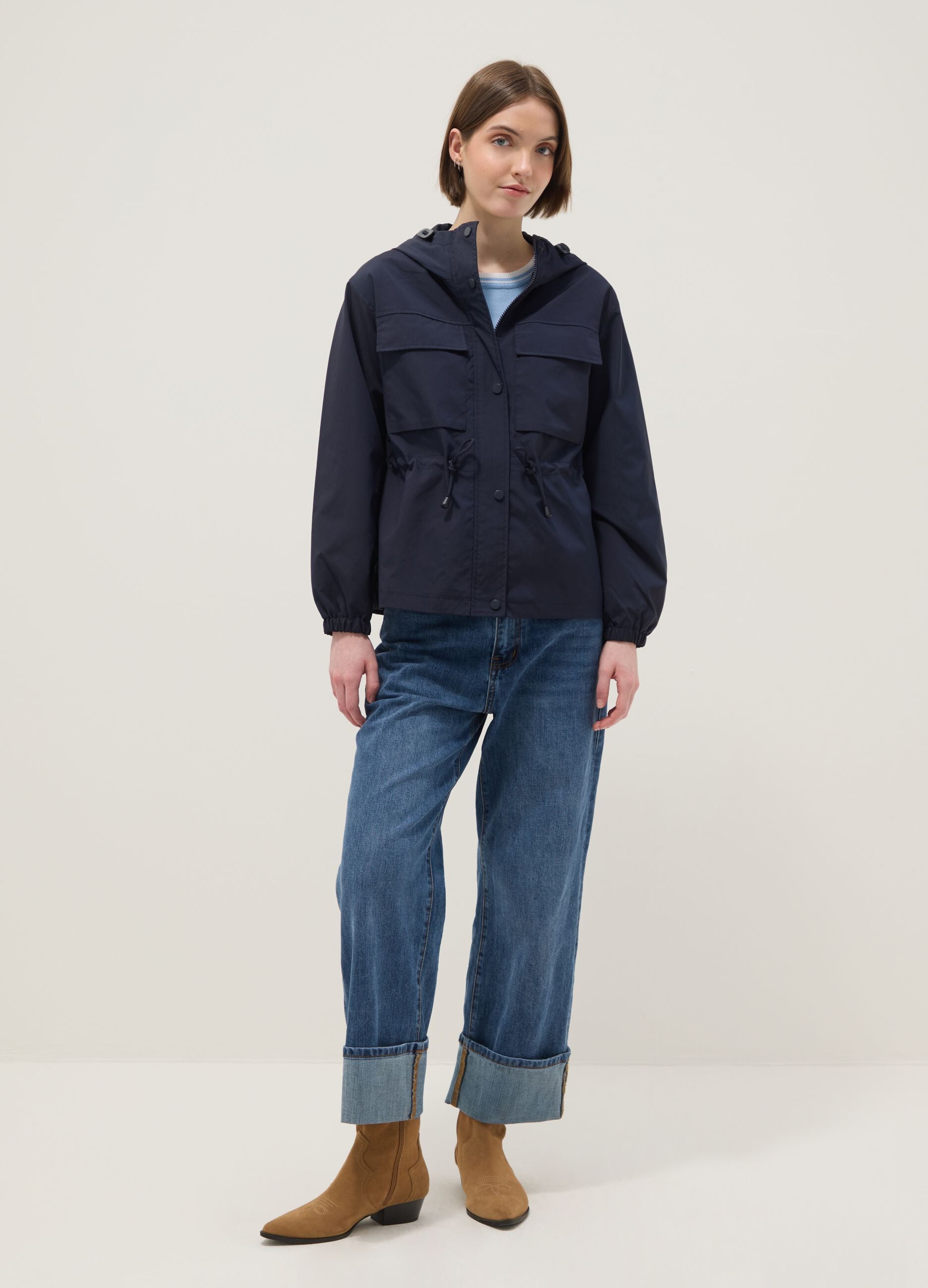 Blue waterproof jacket regular fit with pockets and hood