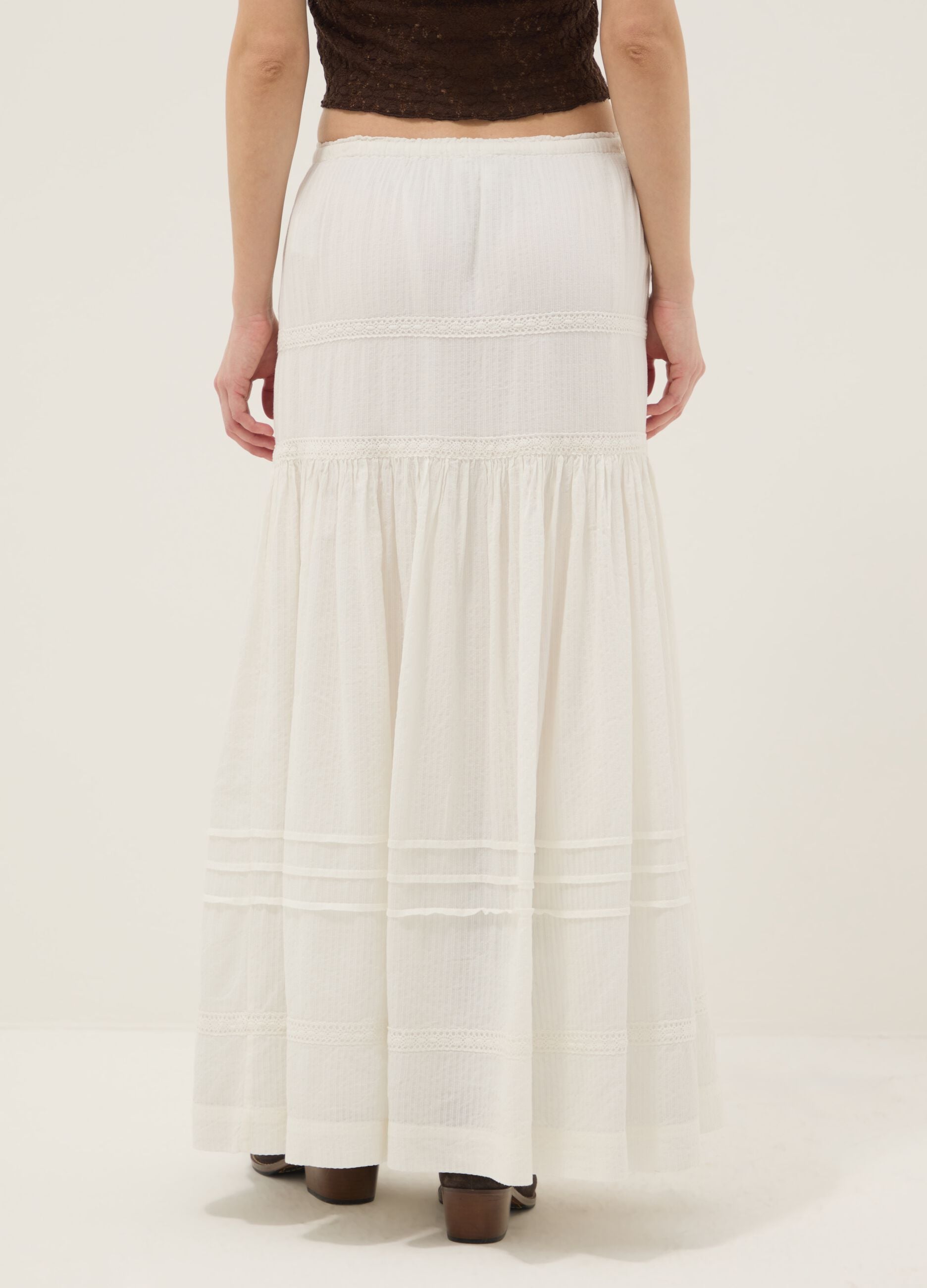 Long white mixed cotton skirt, regular fit with embroidery