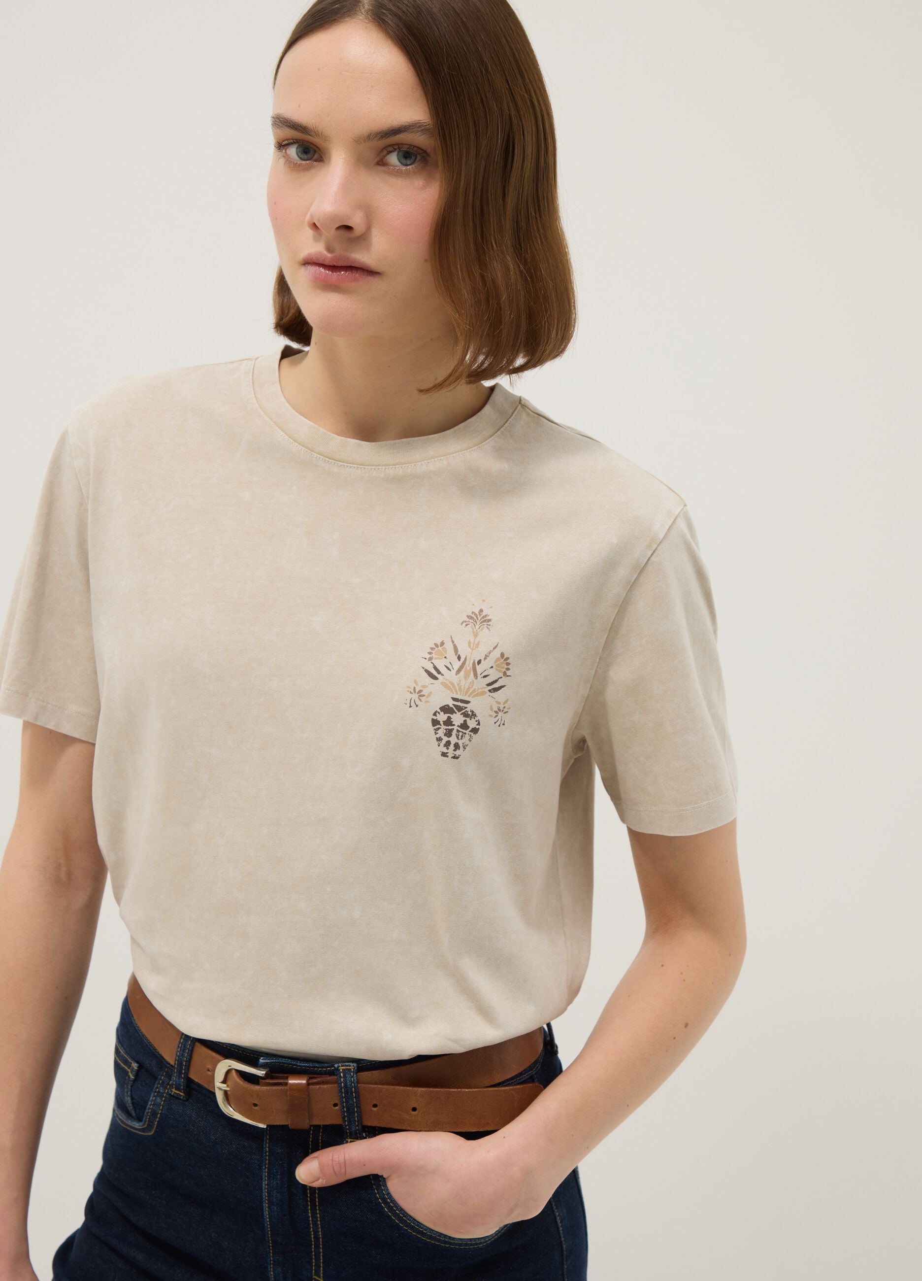 Beige pure cotton short-sleeve T-shirt, regular fit, with print
