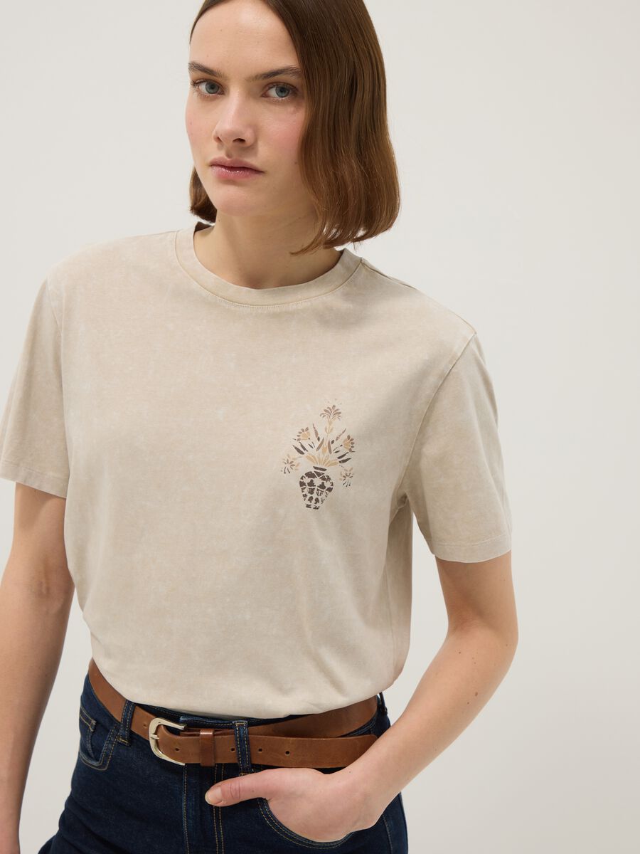 Beige pure cotton short-sleeve T-shirt, regular fit, with print_1