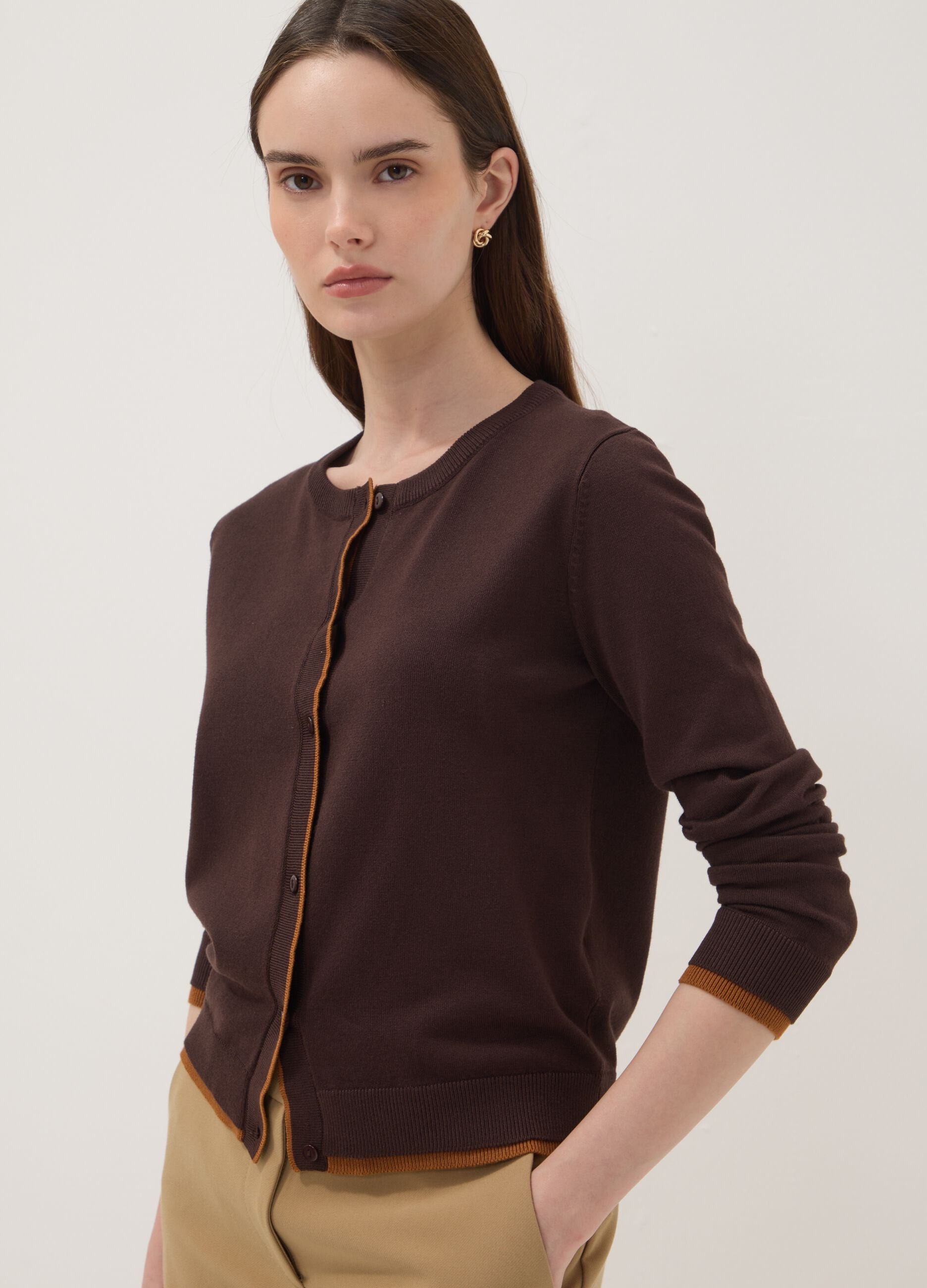 Brown long-sleeved viscose-blend cardigan