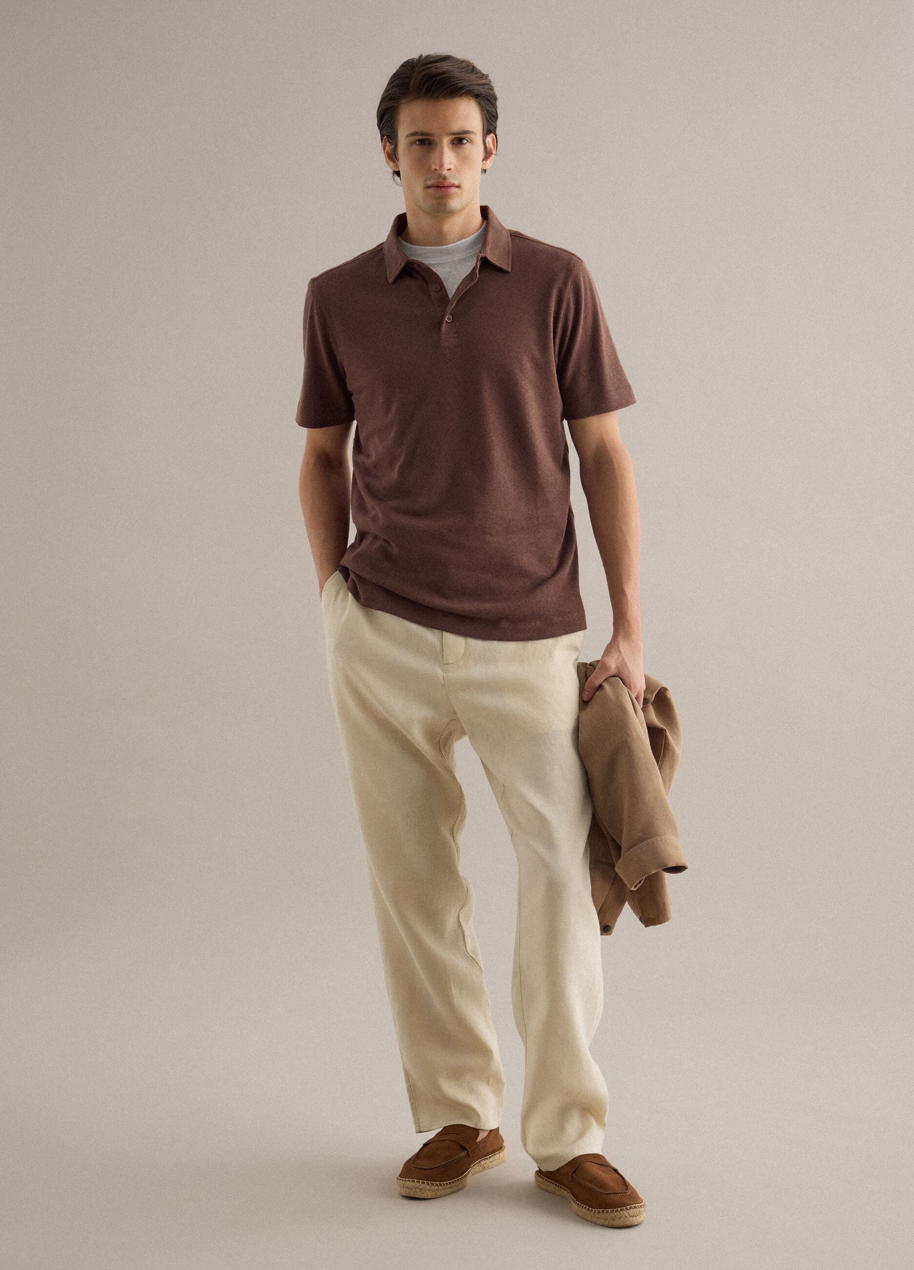 Brown linen and cotton blend regular fit polo
