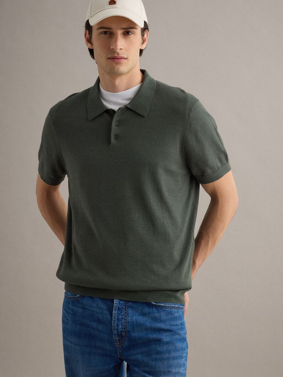 Regular fit green cotton, linen and silk blend polo_1