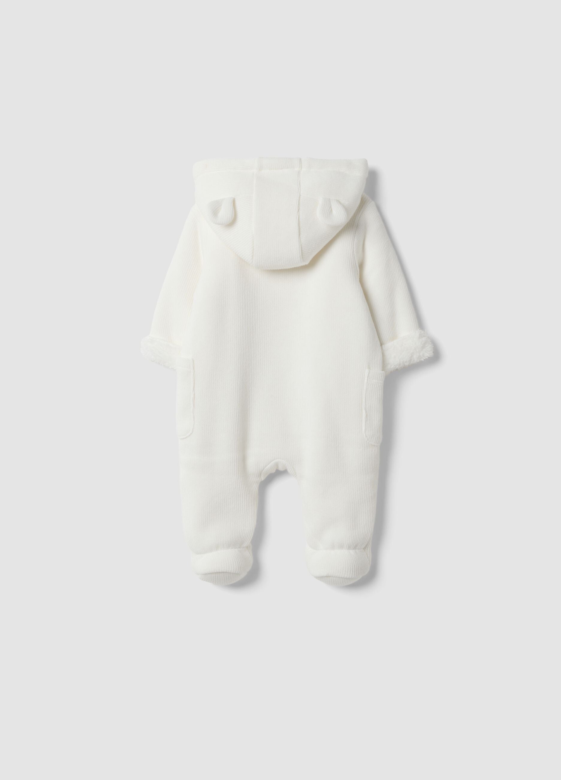 White hooded cotton-blend baby sleepsuit with Minnie print