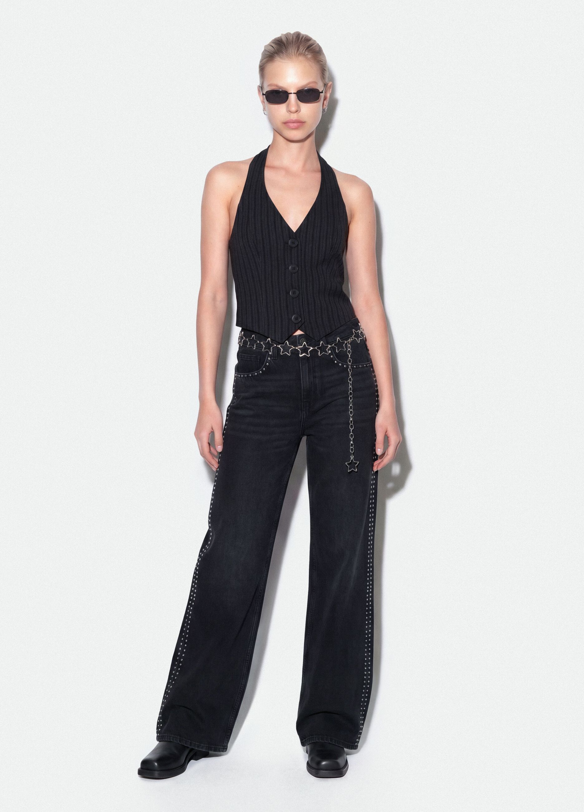 Black pure cotton wide-leg jeans with studs