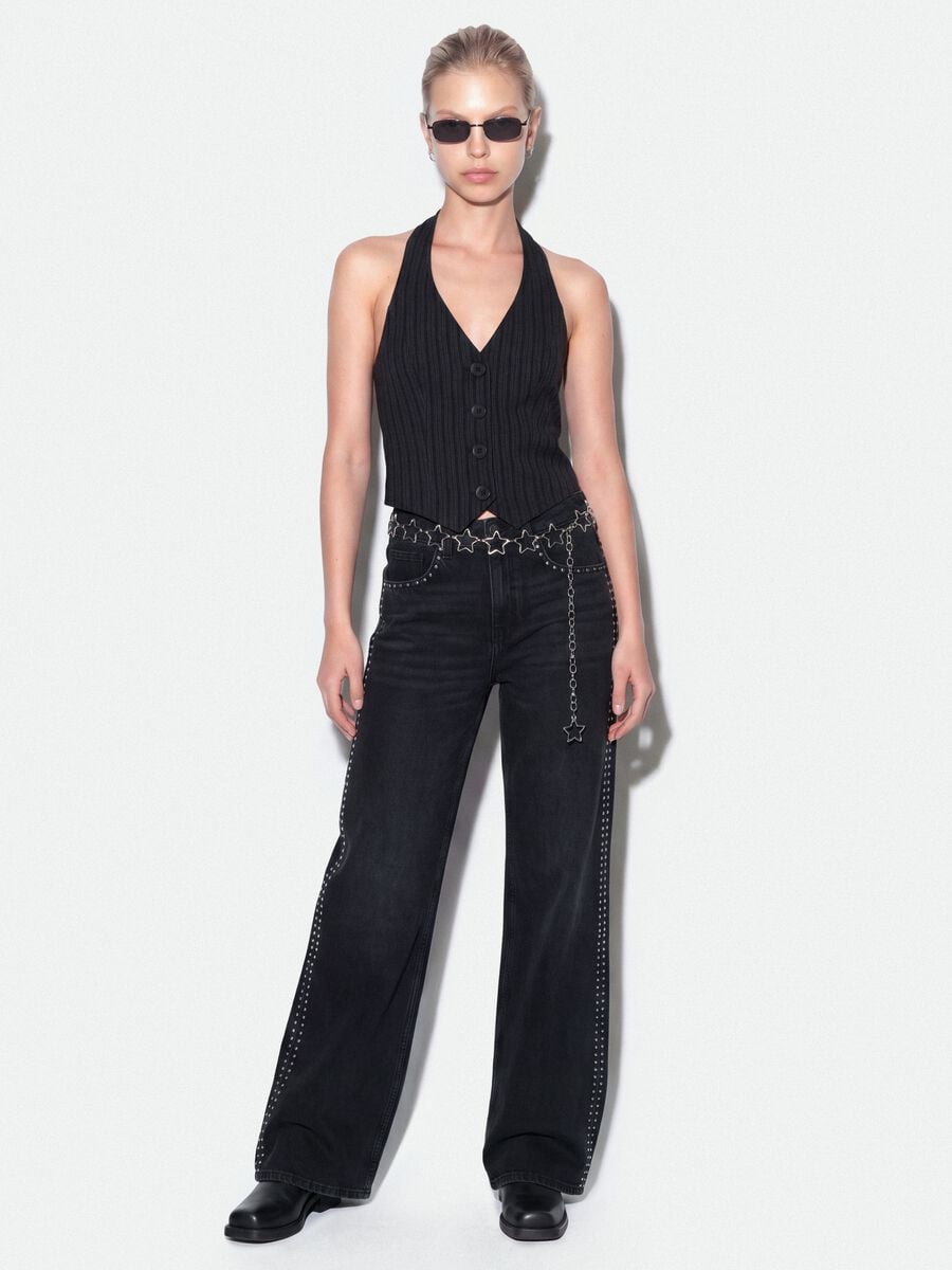 Black pure cotton wide-leg jeans with studs_0