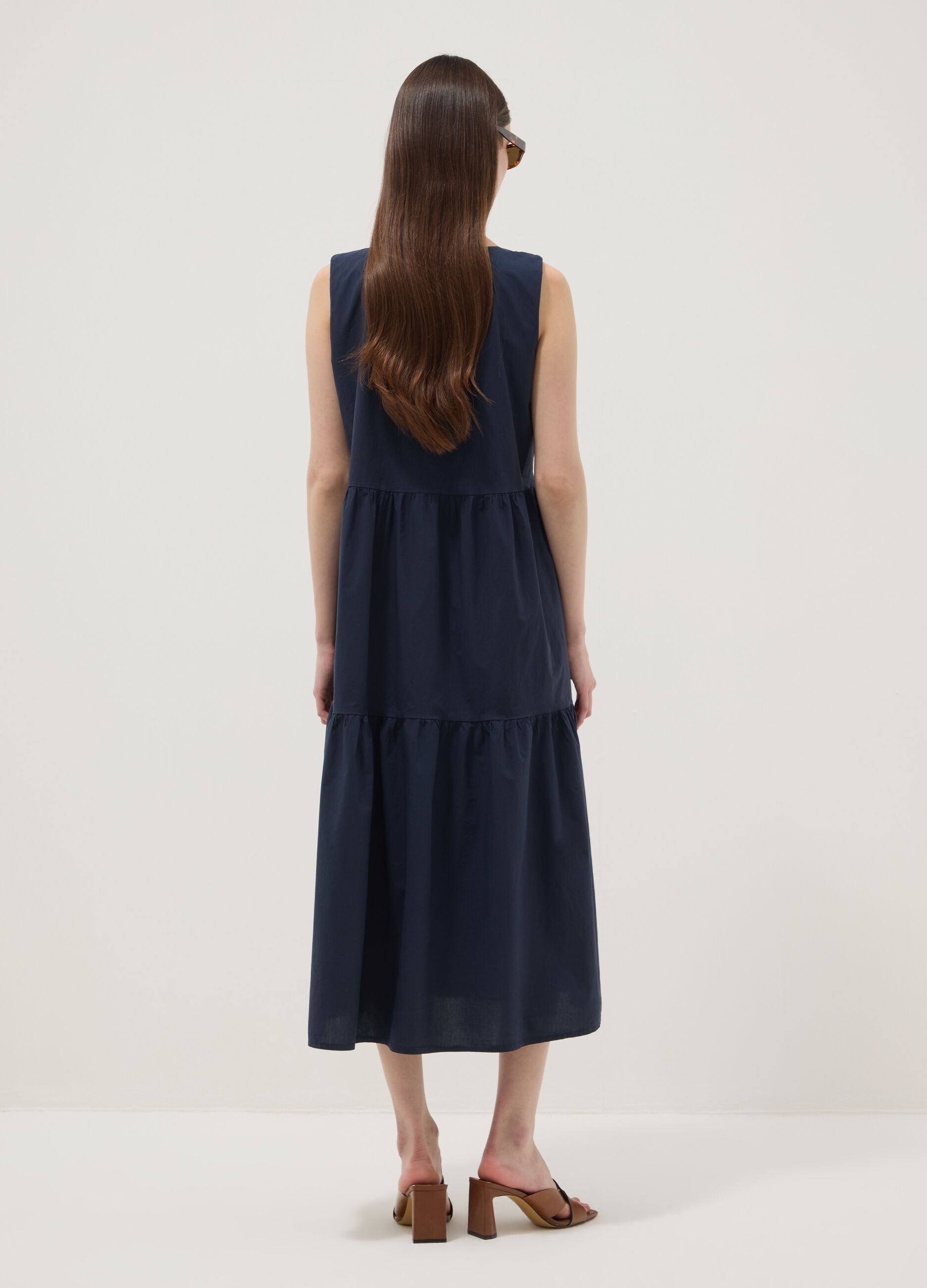 Blue sleeveless pure cotton dress with tiered skirt, regular fit