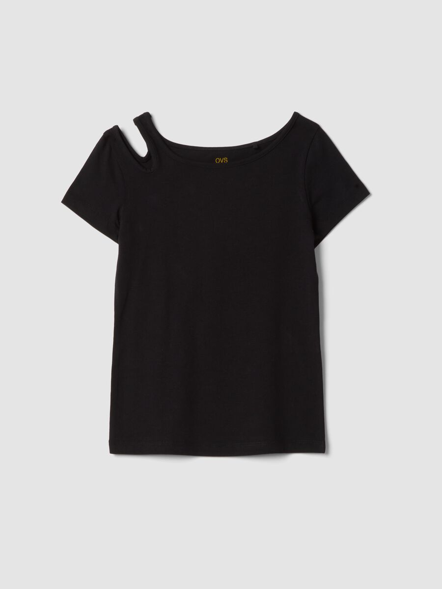 T-shirt nera in cotone organico con spalla cut-out_3