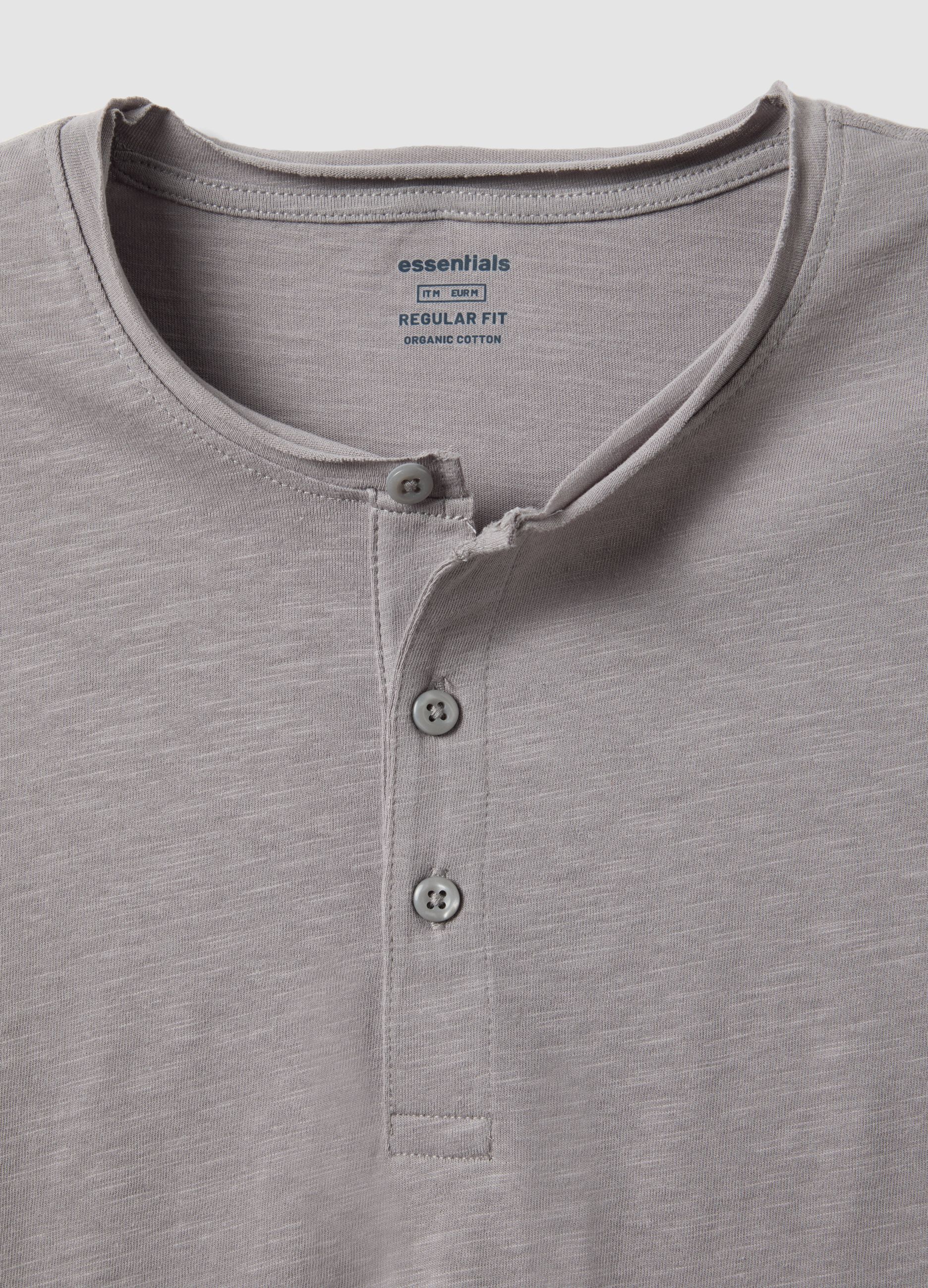 Grey pure cotton regular fit T-shirt with henley collar