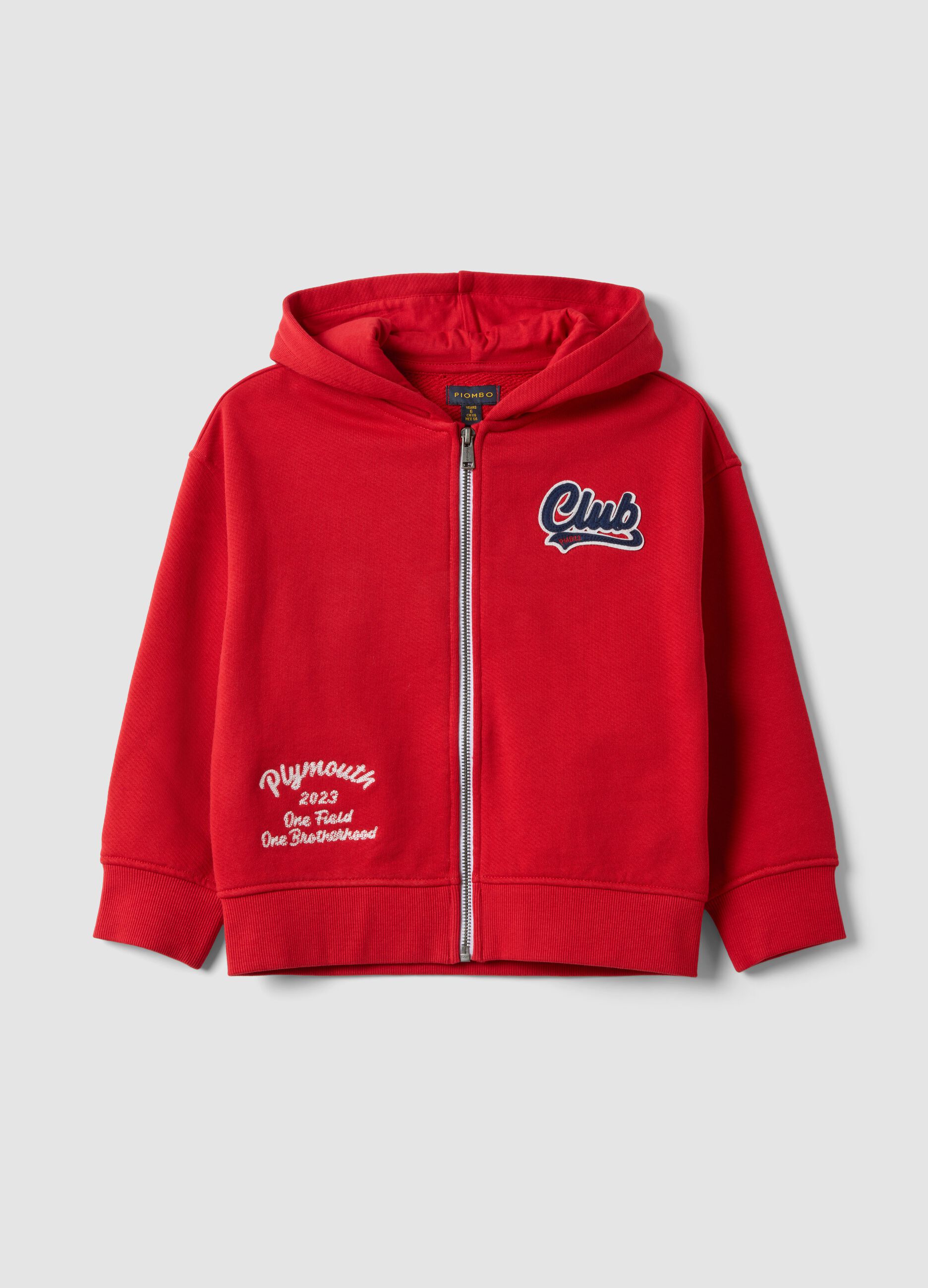 Red organic cotton hoodie with embroidered details, oversized fit, for boys