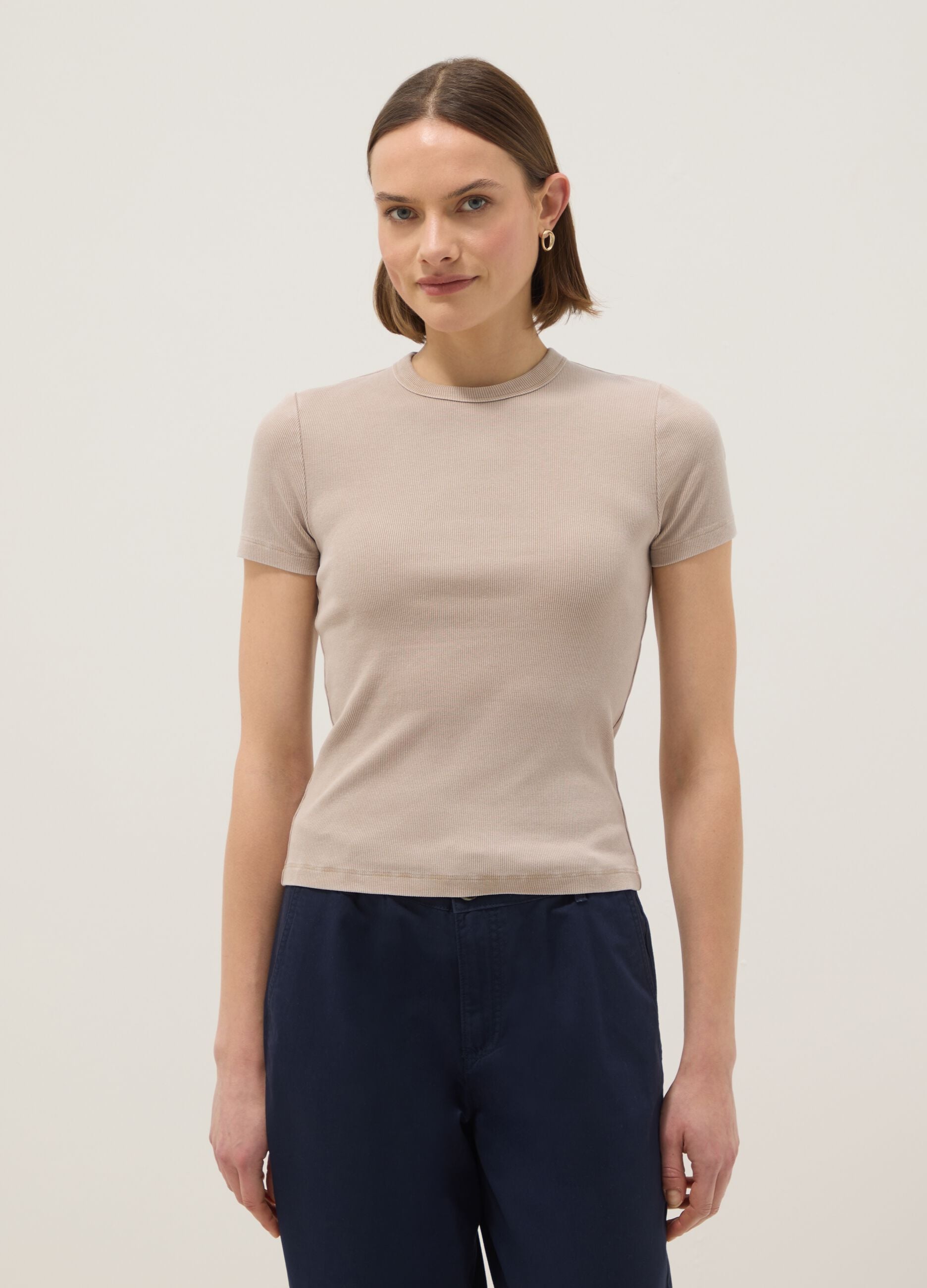 Beige fitted T-shirt in stretch cotton