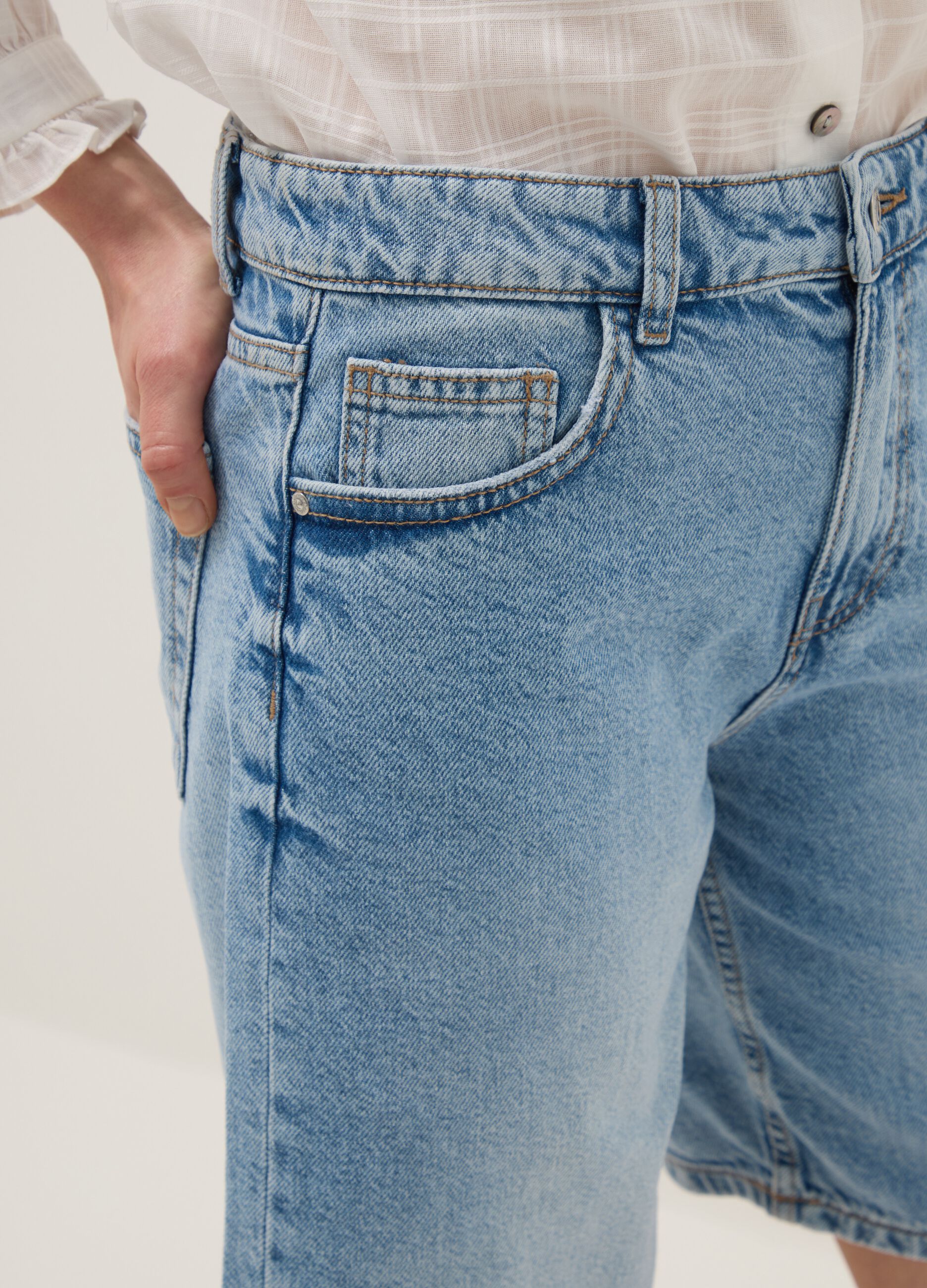 Pure cotton denim blue wide leg shorts