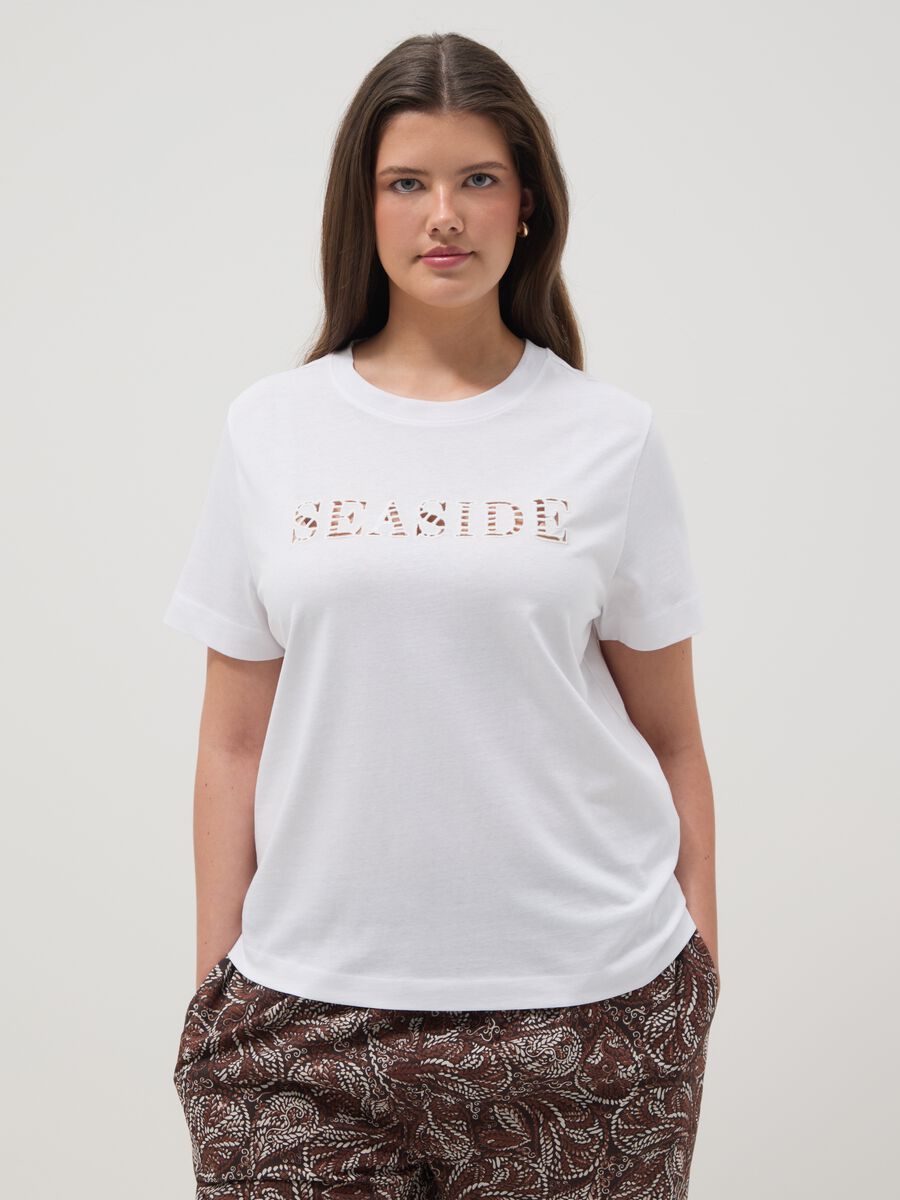 White pure cotton T-shirt with front print_0