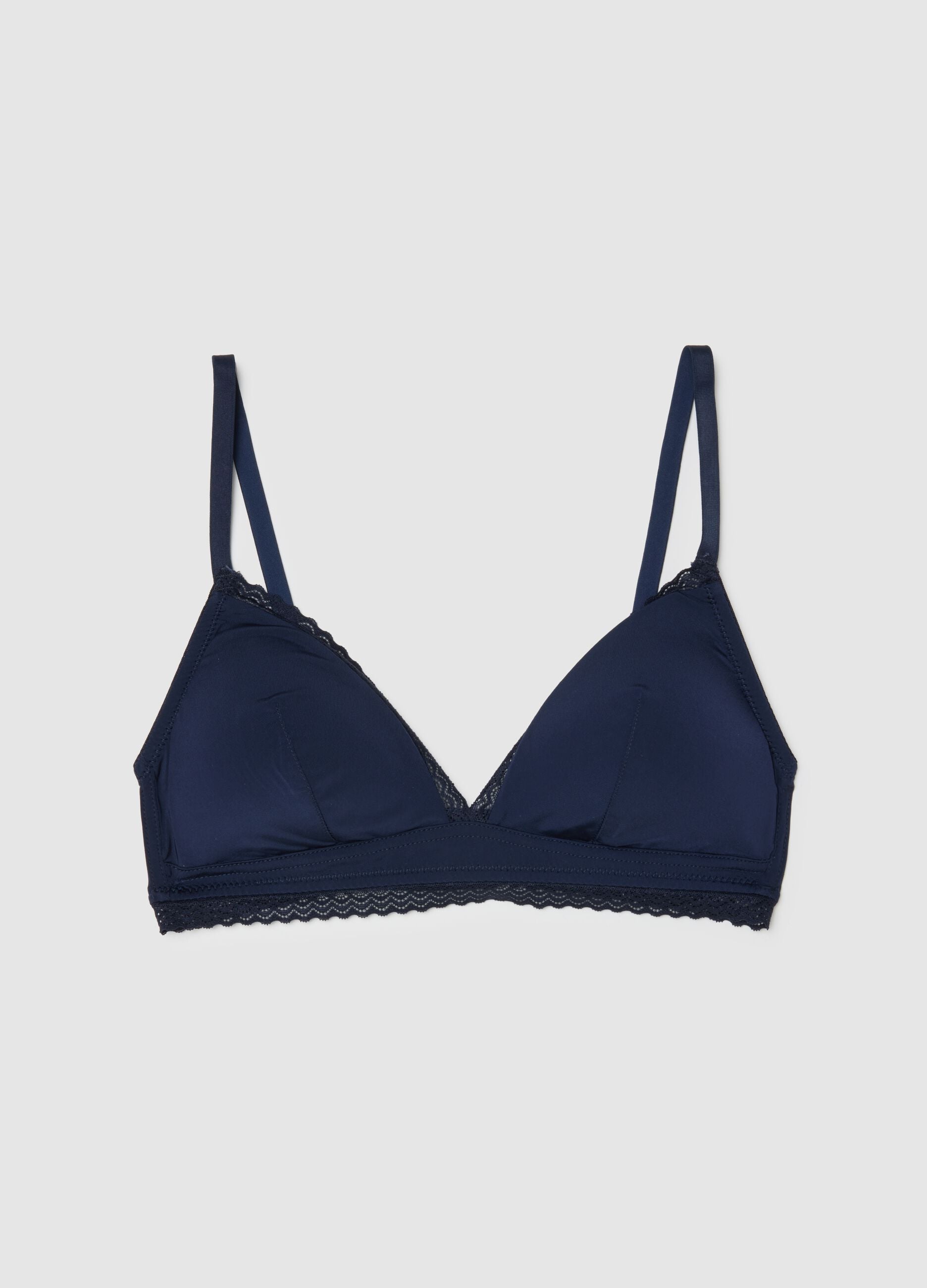 Blue triangle bra with lace and thin straps