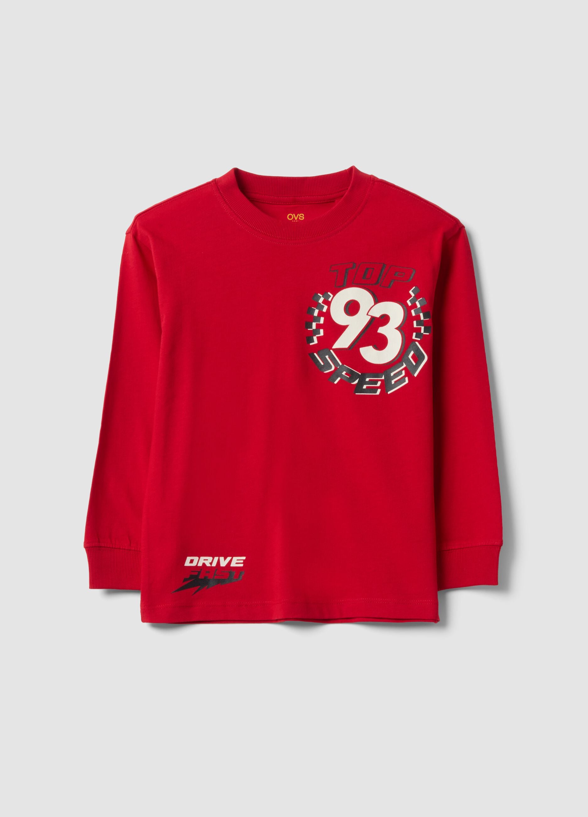 Red pure cotton crew-neck T-shirt with Top Speed print