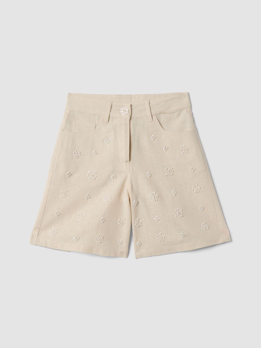Beige cotton-linen blend shorts with embroidery_3