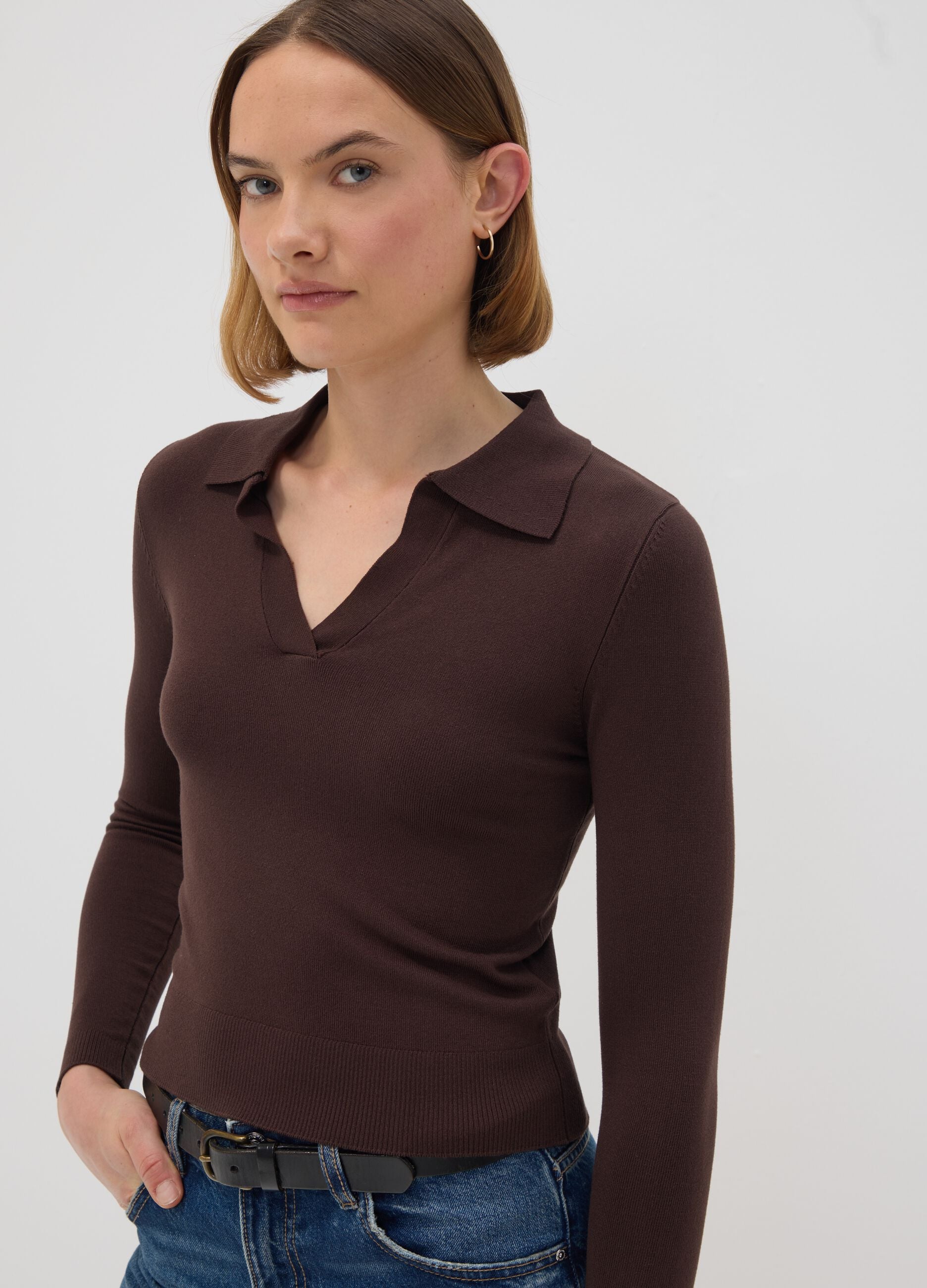 Brown viscose-blend polo-collar jumper, regular fit