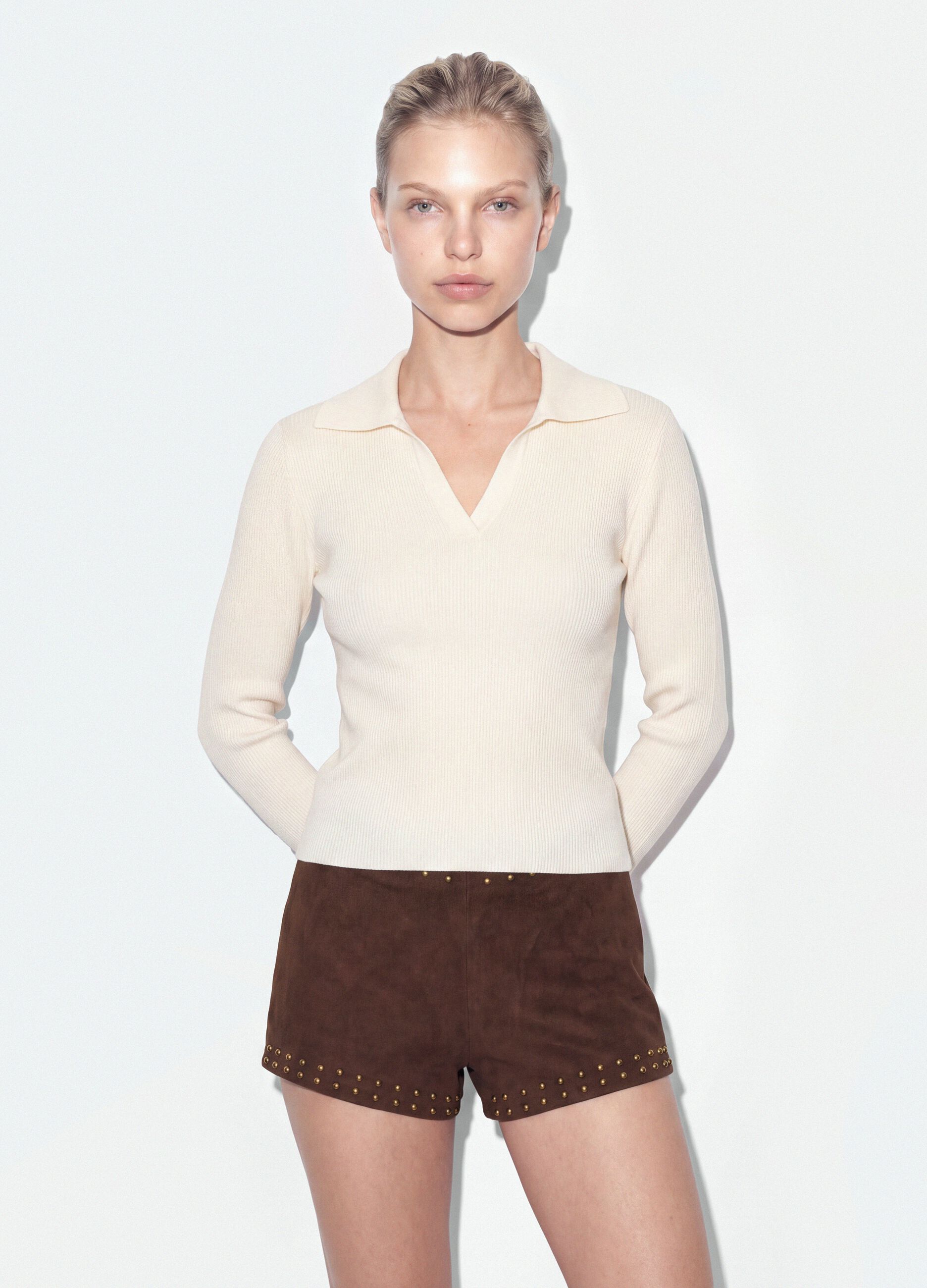 White fitted viscose-blend polo-collar top