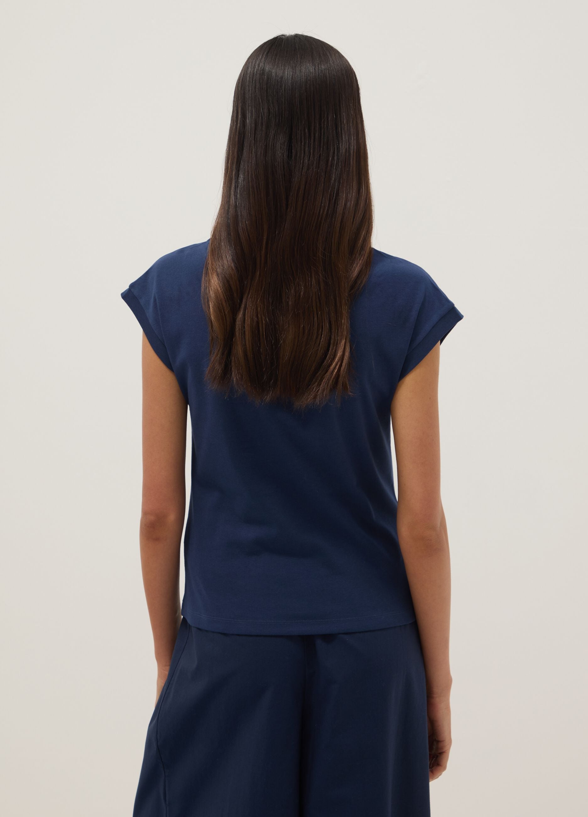 Blue pure cotton T-shirt with perforated inserts