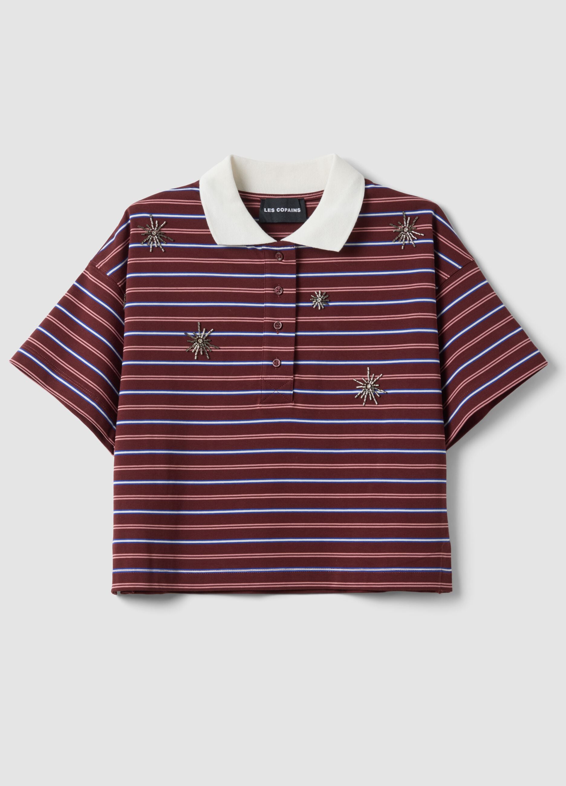 Multicolour striped pure cotton polo with oversized collar