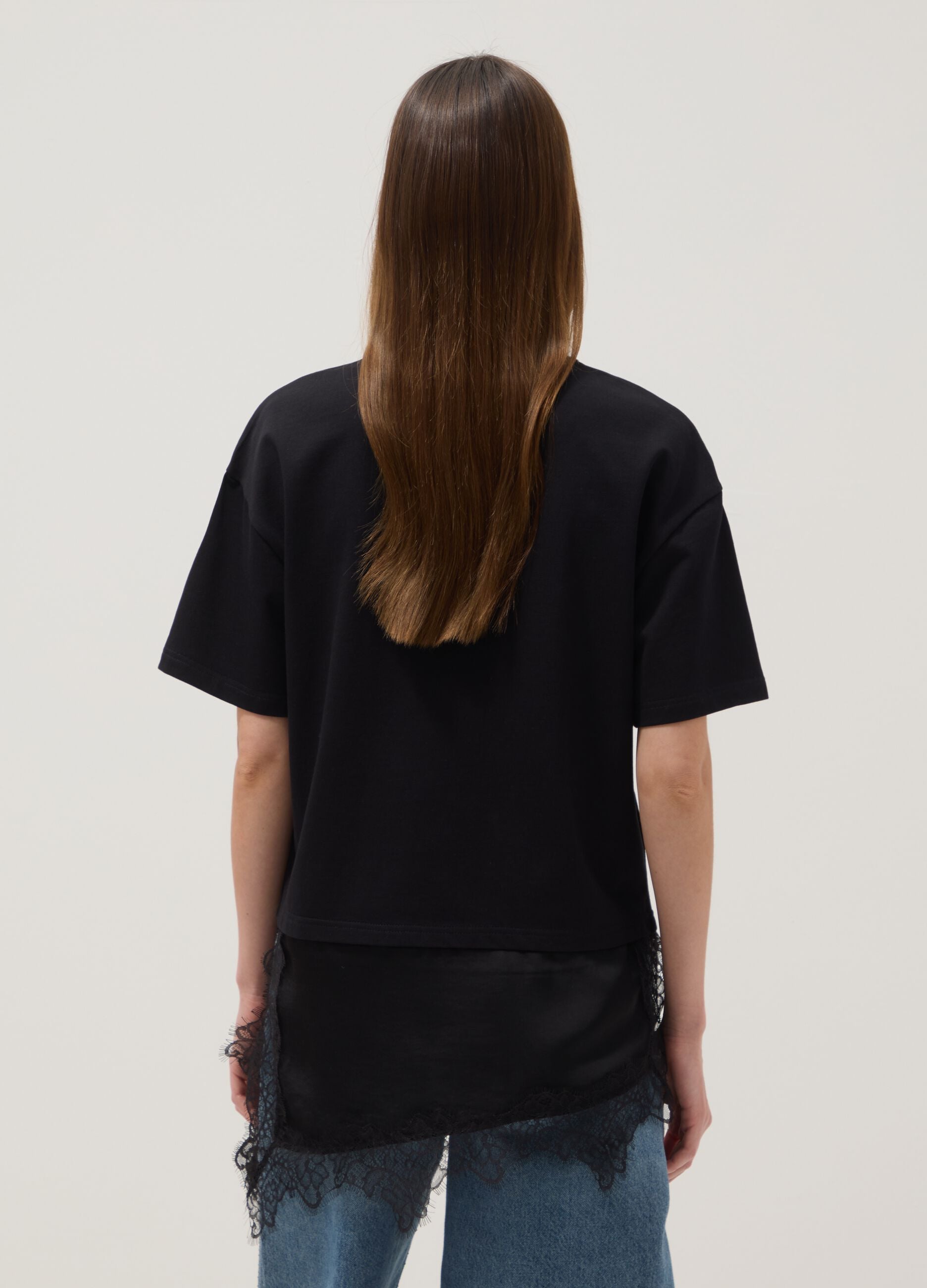 Black pure cotton T-shirt with lace insert, relaxed fit