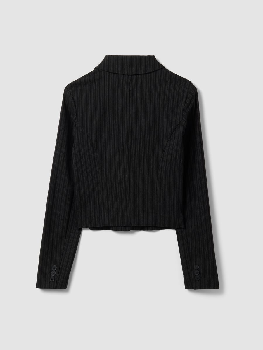 Black cropped stretch viscose blazer with classic lapels, slim fit_2