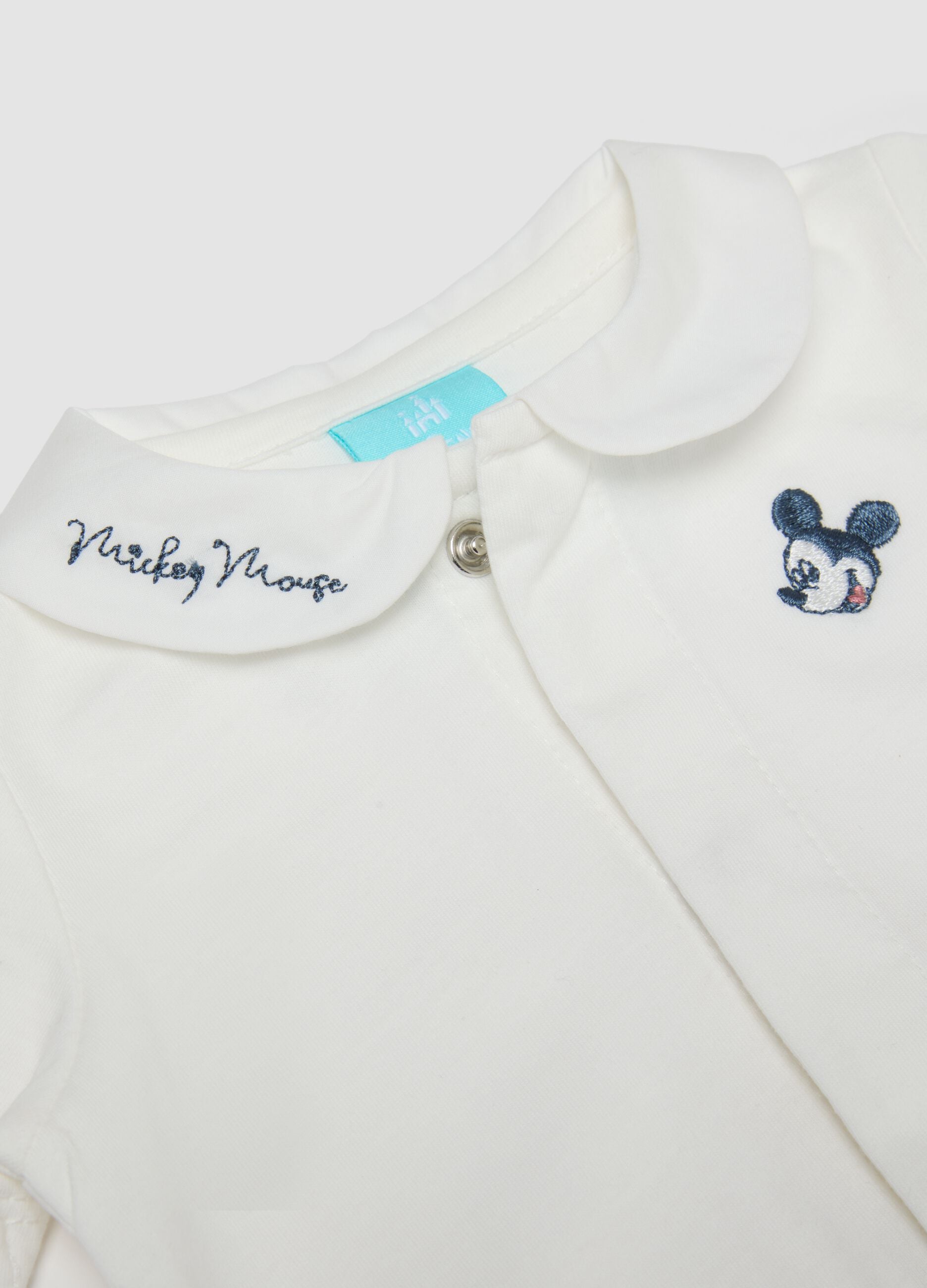 White organic cotton baby bodysuit with Mickey Mouse embroidery