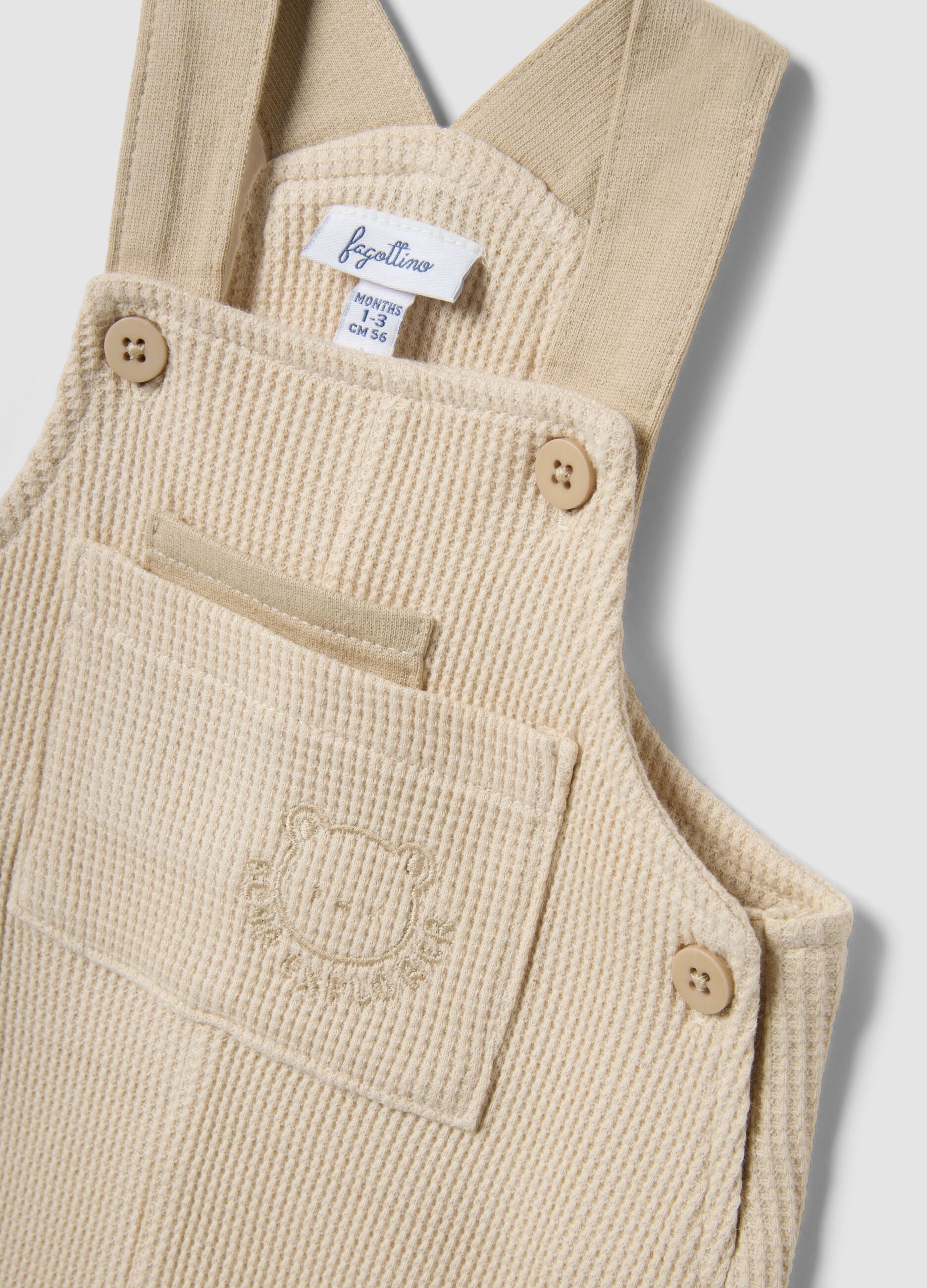 Beige pure cotton baby dungarees, regular fit with embroidery