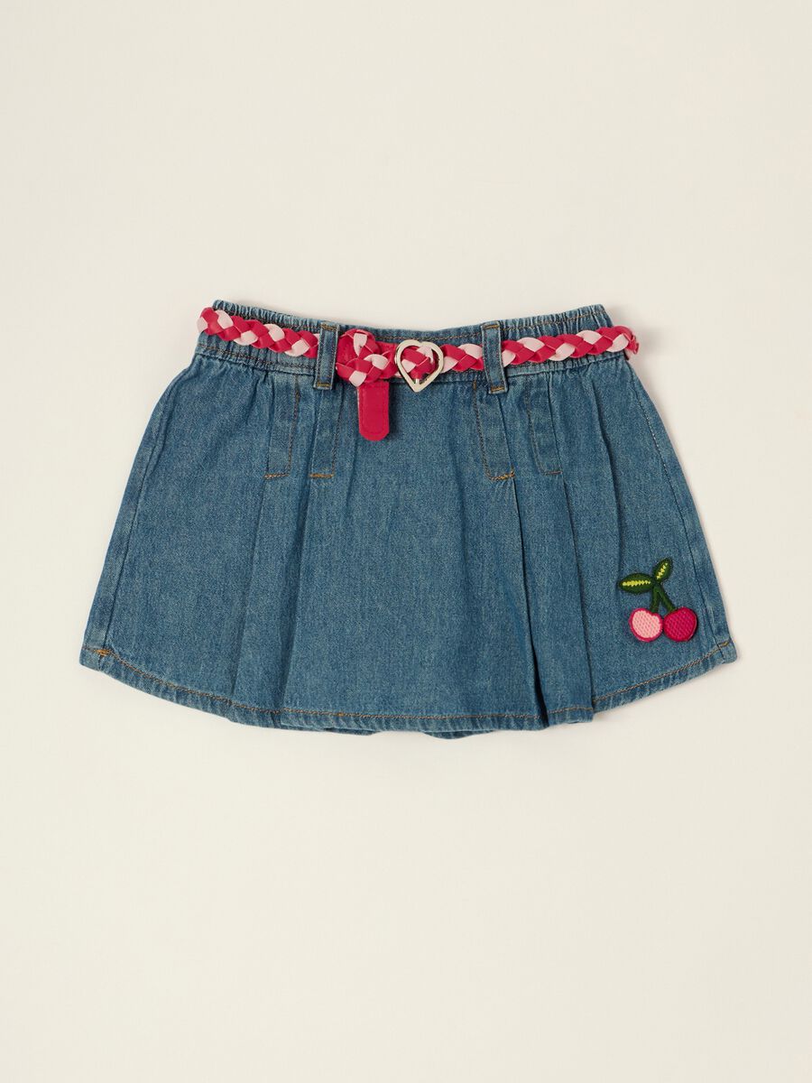 Gonna jeans in puro cotone con ricamo ciliegia da neonata_0
