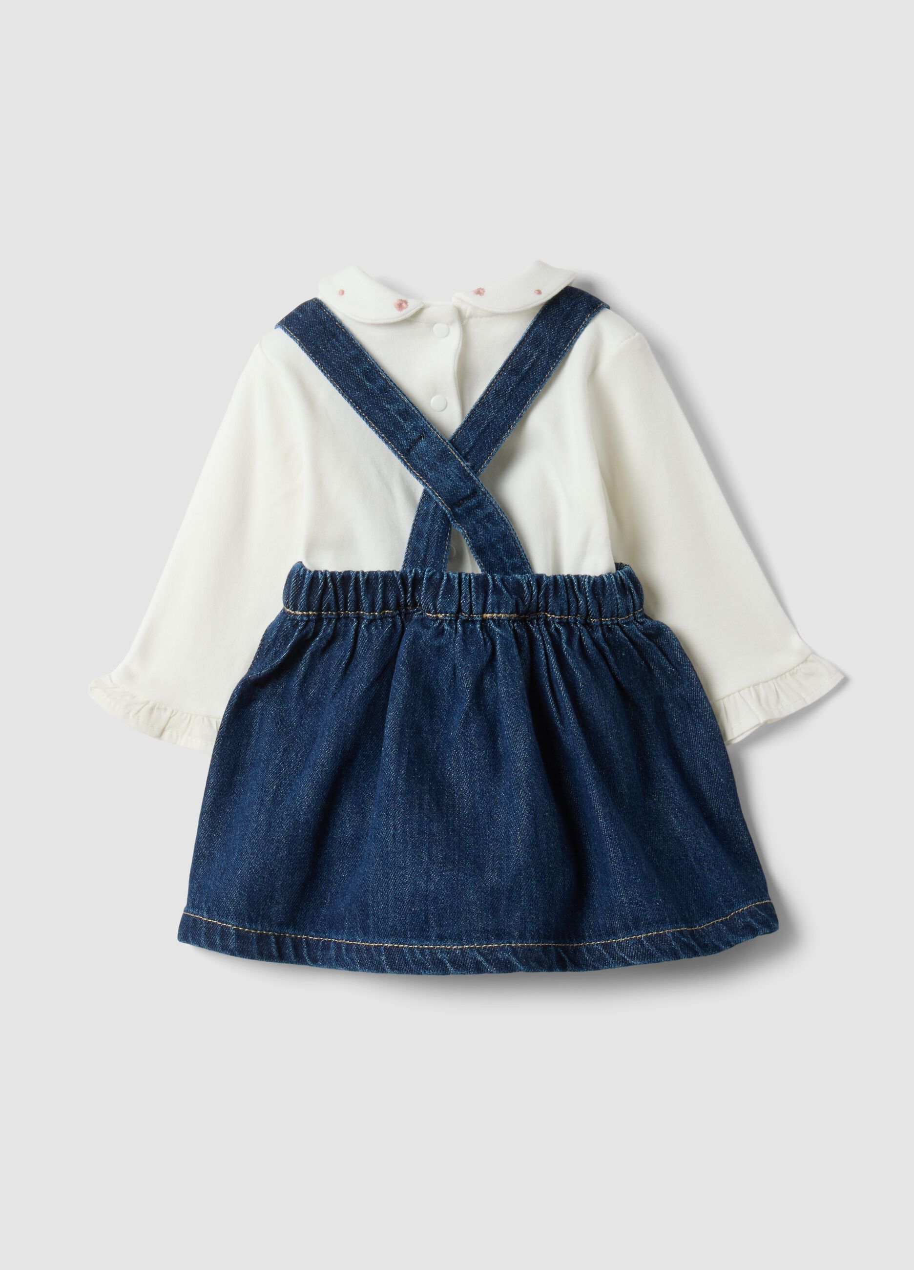 Blue and white cotton-viscose blend set with classic collar for baby girl