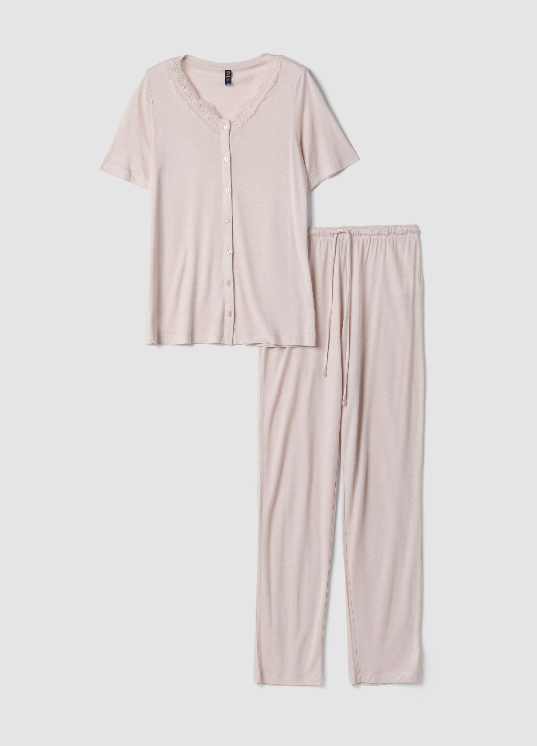 Pink pure viscose pyjama with lace V-neck, regular fit