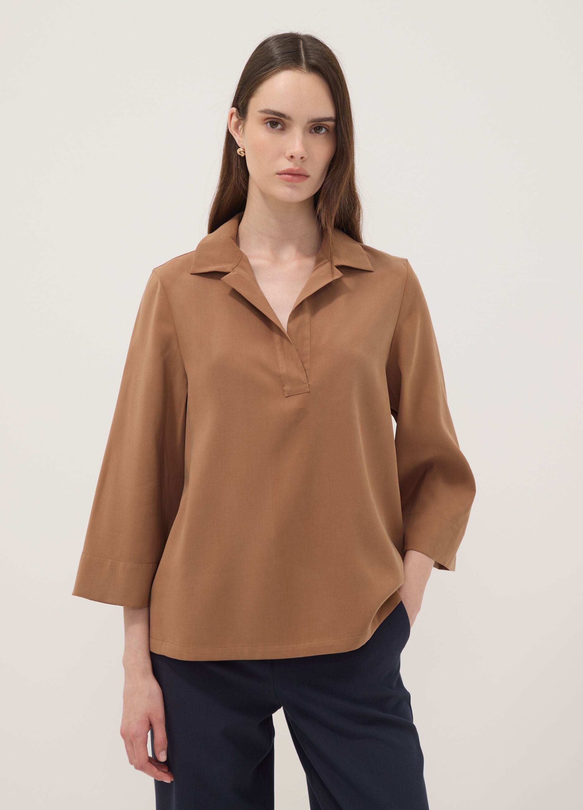 Beige viscose-blend shirt with classic collar