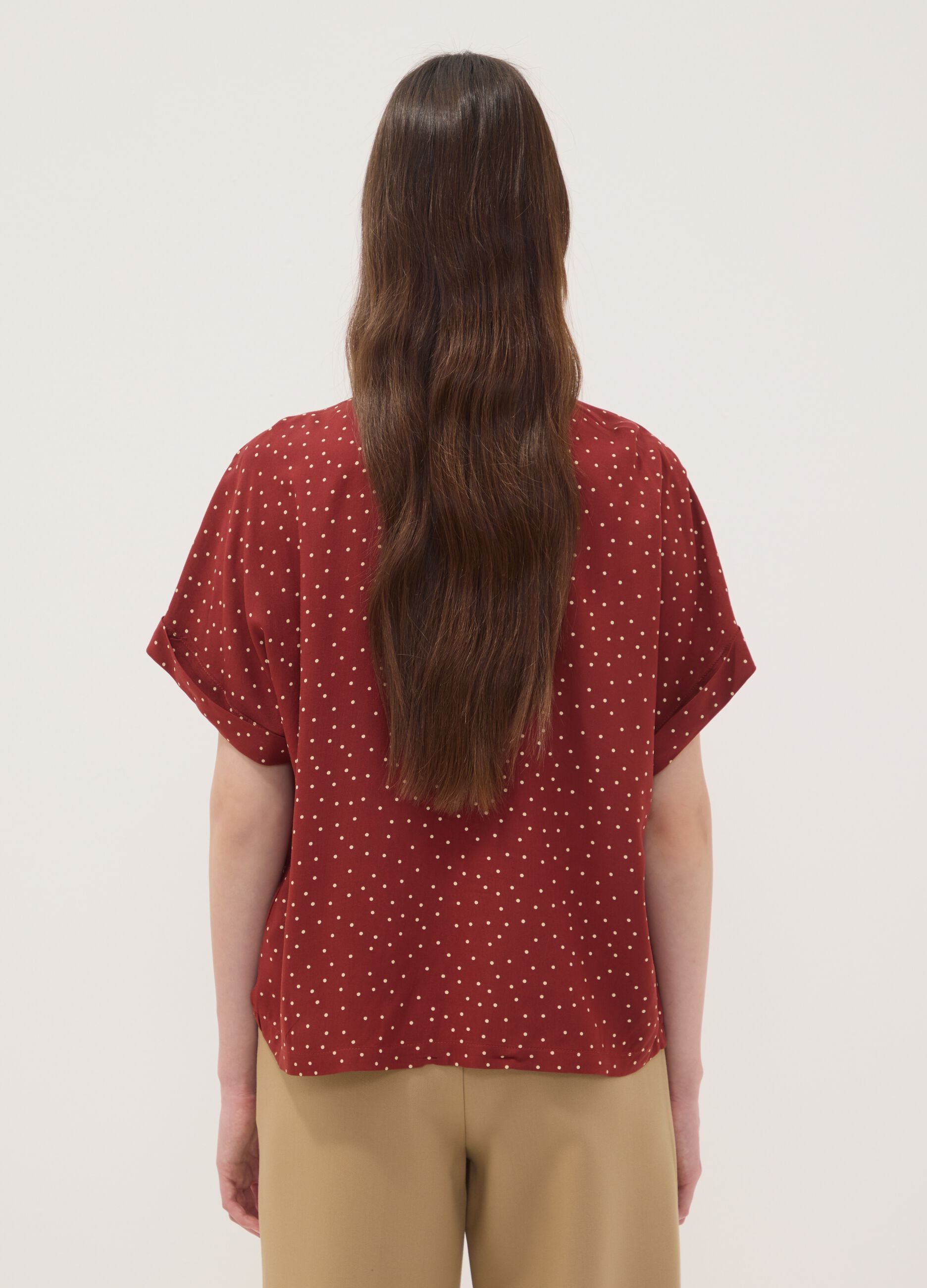 Red polka-dot pure viscose short-sleeved oversized shirt