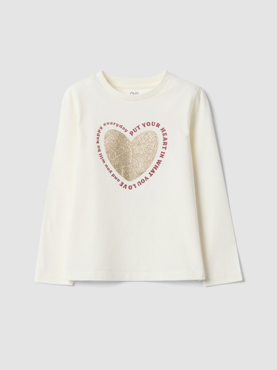 White organic cotton T-shirt with heart print for girls_0