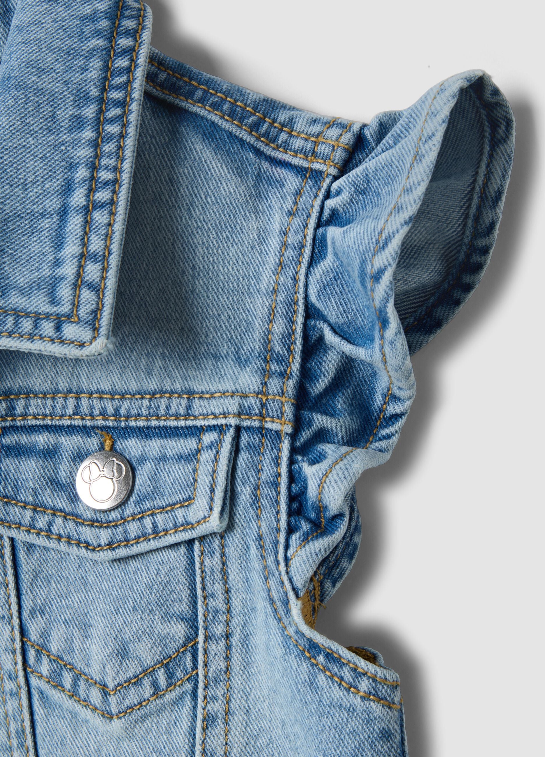 Regular fit blue denim vest for girls with Minnie, made of pure cotton