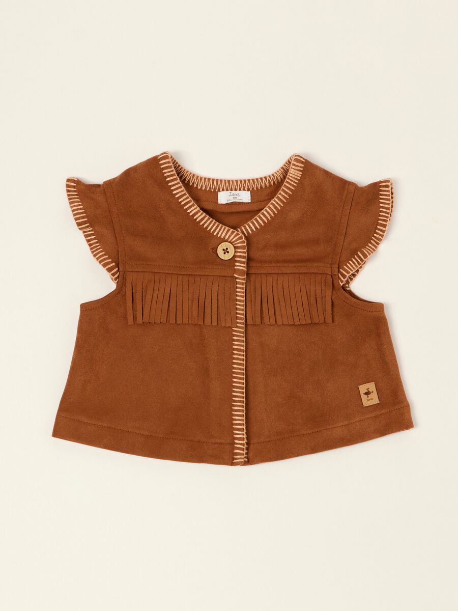 Gilet marrone con dettagli a frange in tessuto elasticizzato da neonata_0