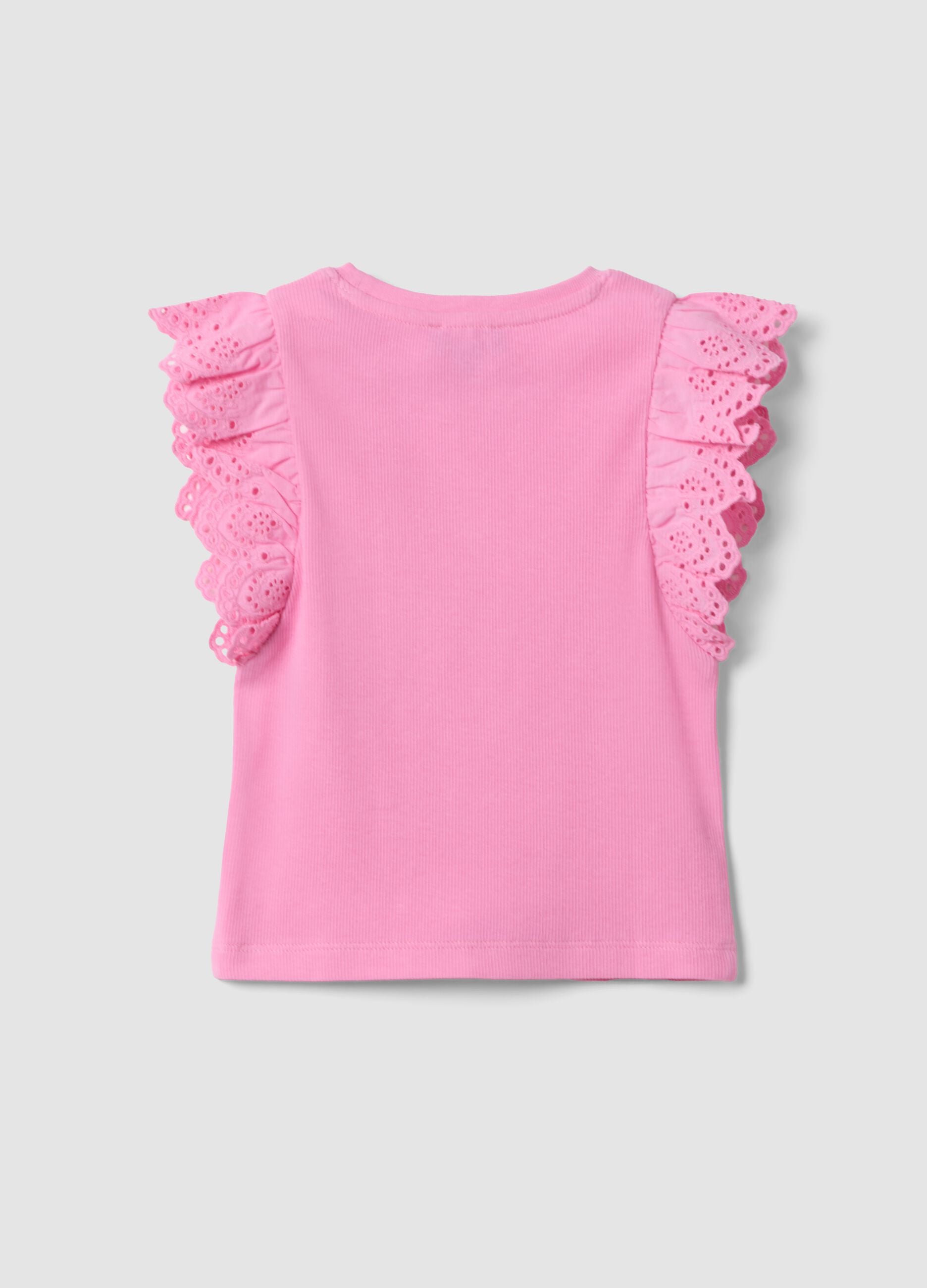 Girls&rsquo; pink stretch cotton vest top with ruffles