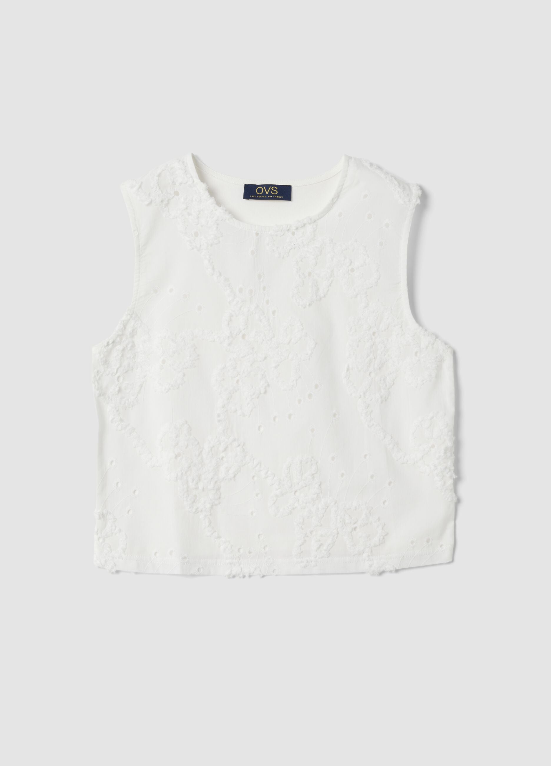 White pure cotton tank top with floral embroidery