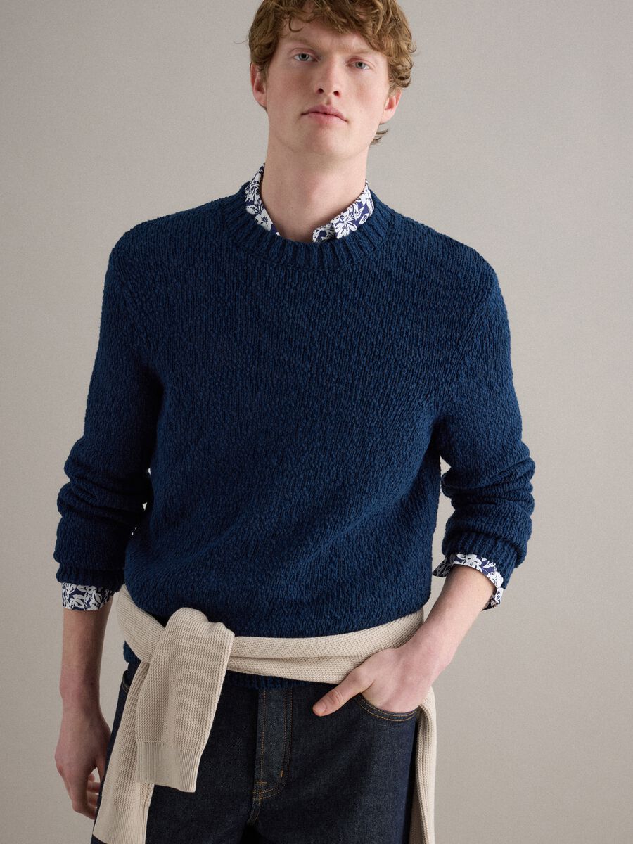 Long sleeve blue pure cotton pullover regular fit_1