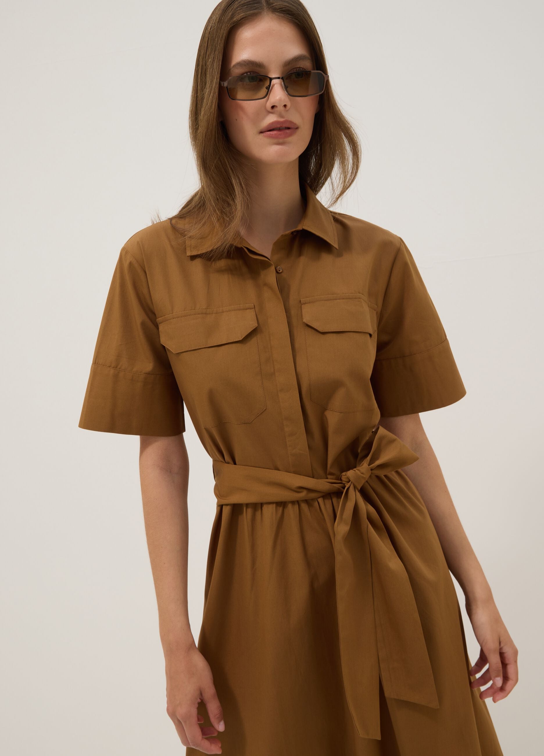 Brown pure cotton shirt dress with tie belt, regular fit
