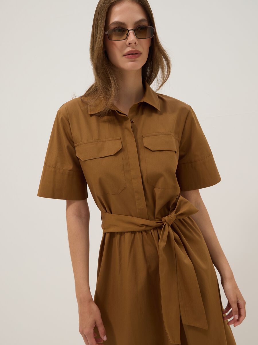 Brown pure cotton shirt dress with tie belt, regular fit_2