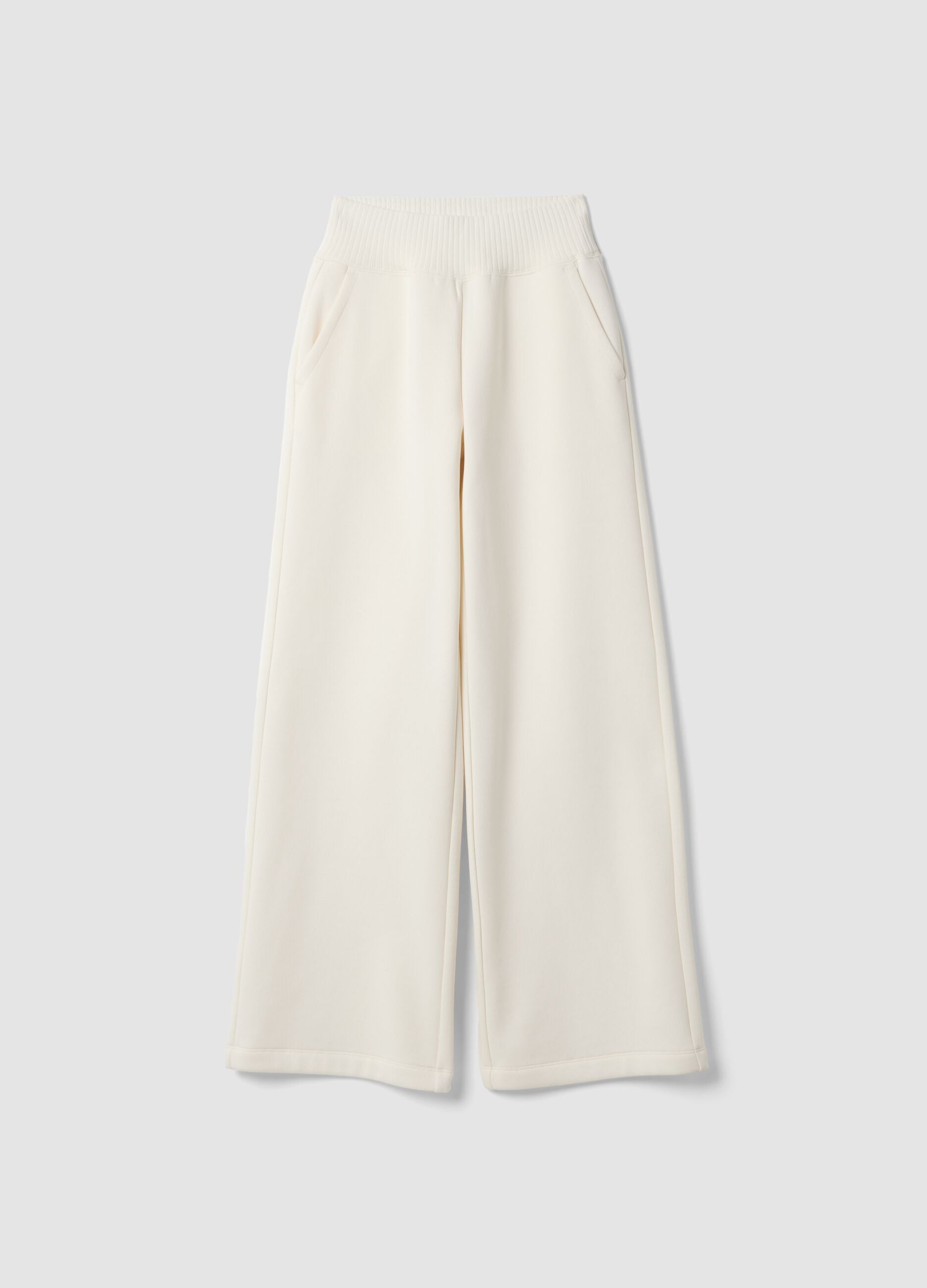 White cotton-blend fleece straight-leg trousers